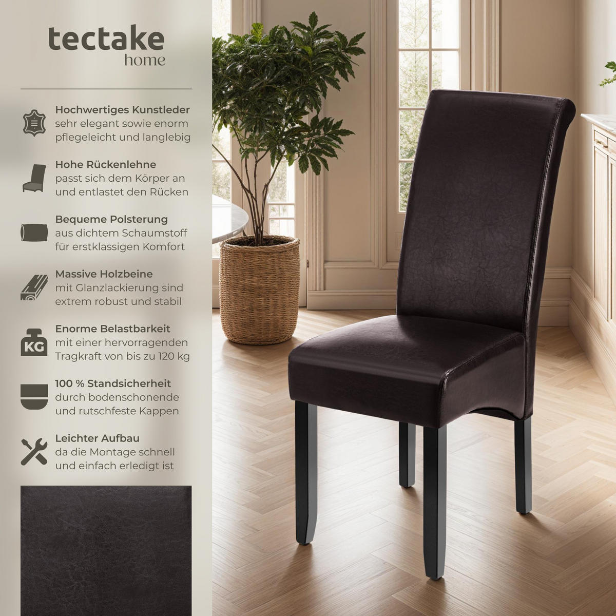 ESSZIMMERSTUHL 4er Set 44 x 63 x 106 cm braun - Dunkelbraun, Textil (44/106/45cm) - tectake