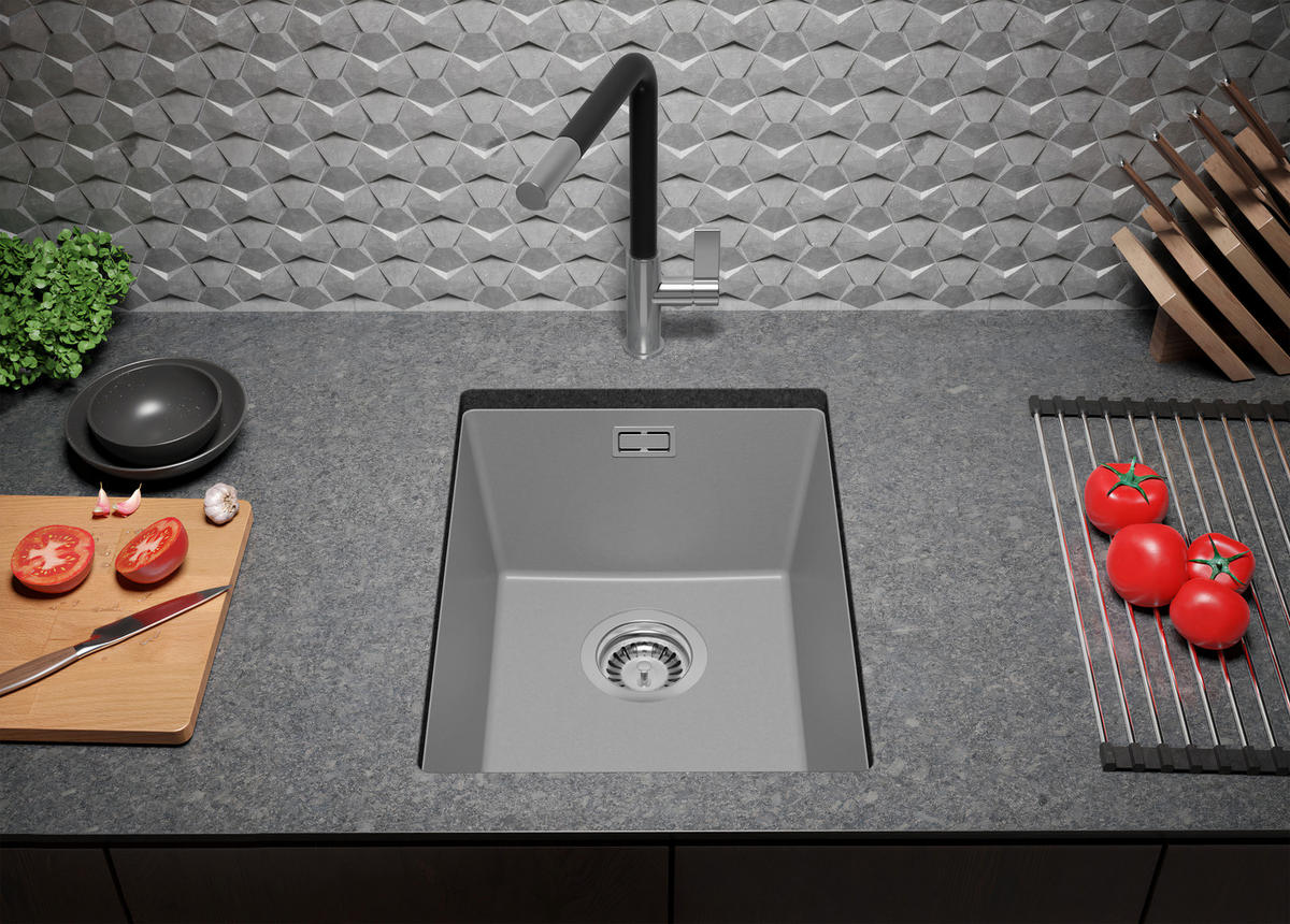 UNTERBAUSPÜLE GRANIT London, 2-er set Grau 36/47 cm 1 Becken + Küchenarmatur 40/20 cm + Ablauf-Set ab 40er Unterschrank - Chromfarben/Grau, Kunststoff (36/20/47cm) - Primagran