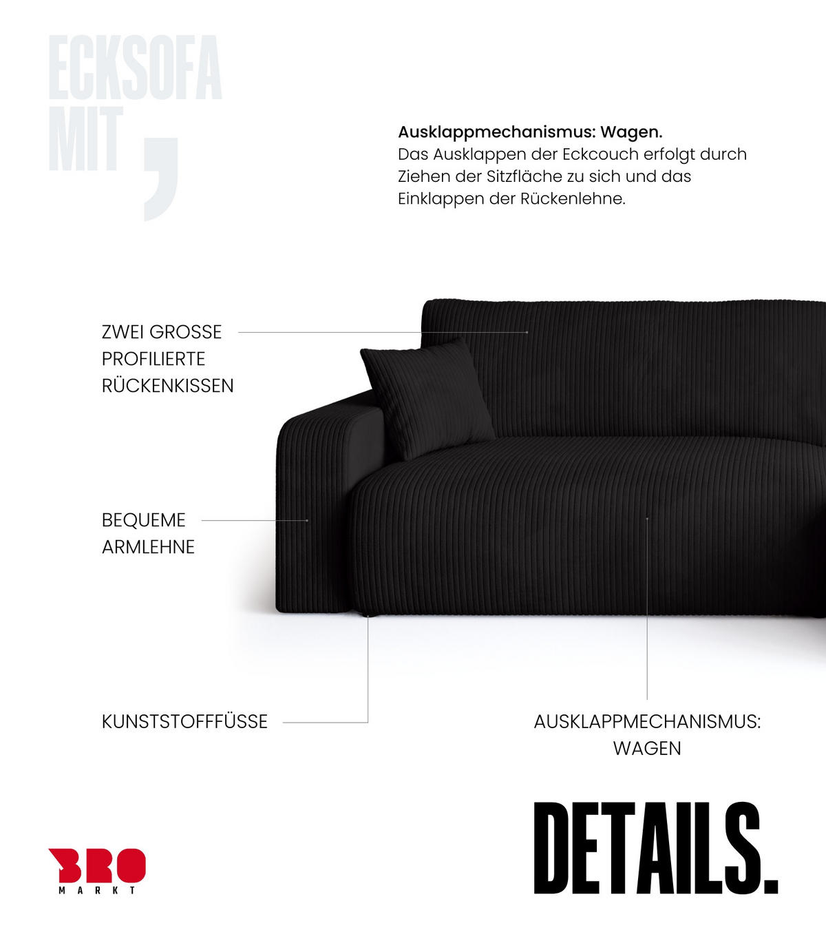 ECKSOFA Bisk mit Schlaffunktion Schwarz Cordstoff - Schwarz, Textil (275/170cm) - Bromarkt