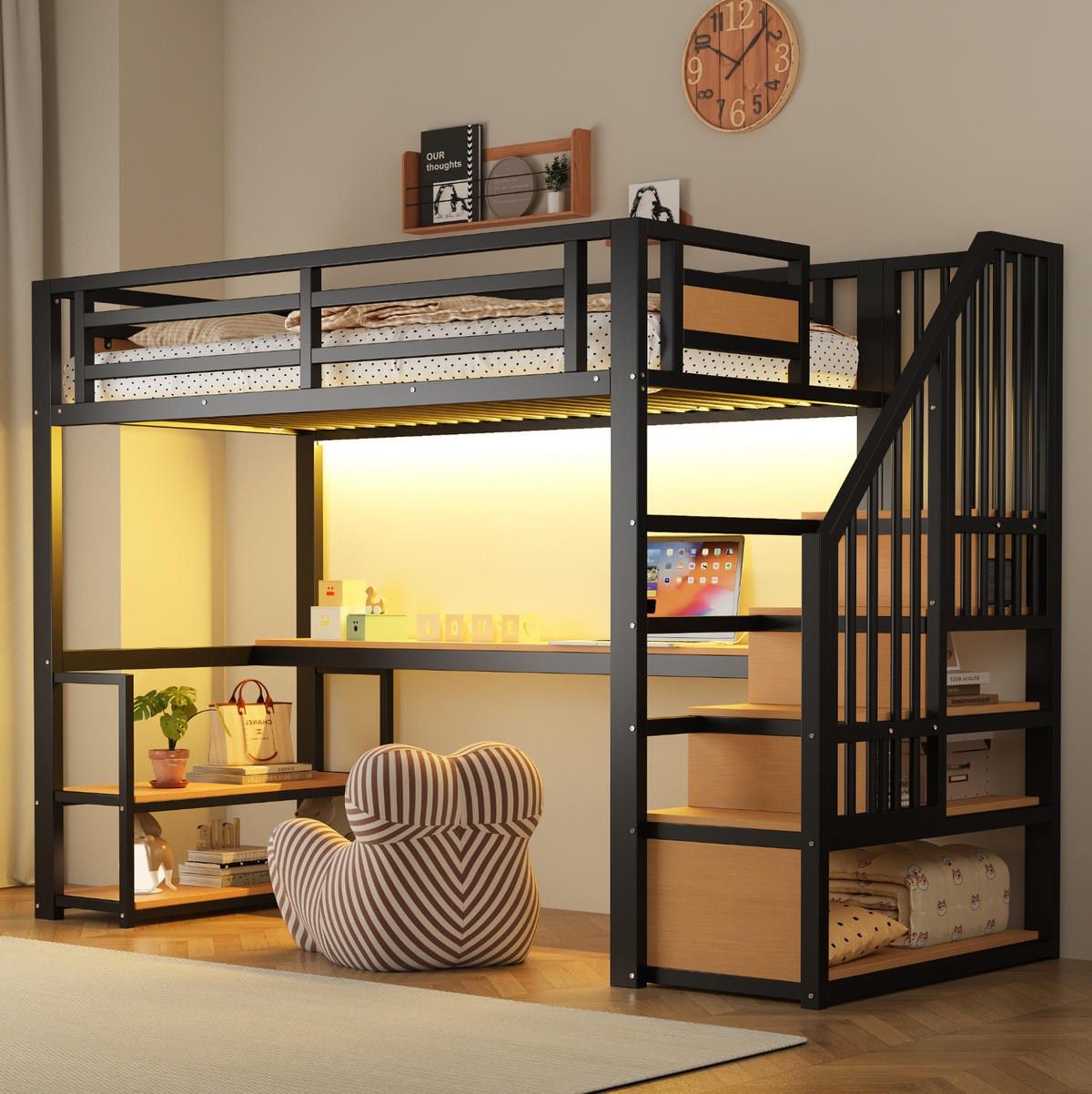 VYSOKÁ posteľ 90/200 cm čierna s úložnými schodíkmi, policami a stolom z kovu a MDF - čierna, kov (90/200cm) - OKWISH