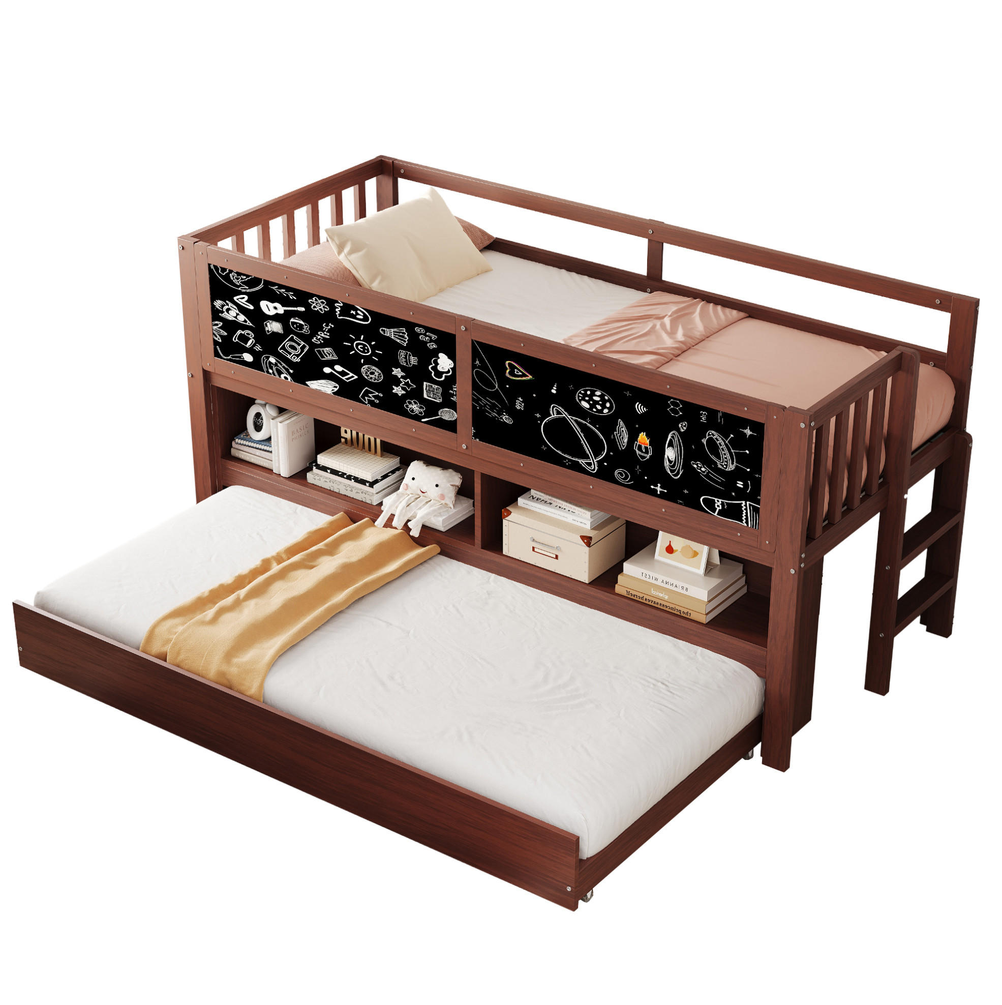 ETAGENBETT aus Holz 90x200 cm in Braun mit Ausziehbett & Tafel - Braun, Holz (90/200cm) - Modfu