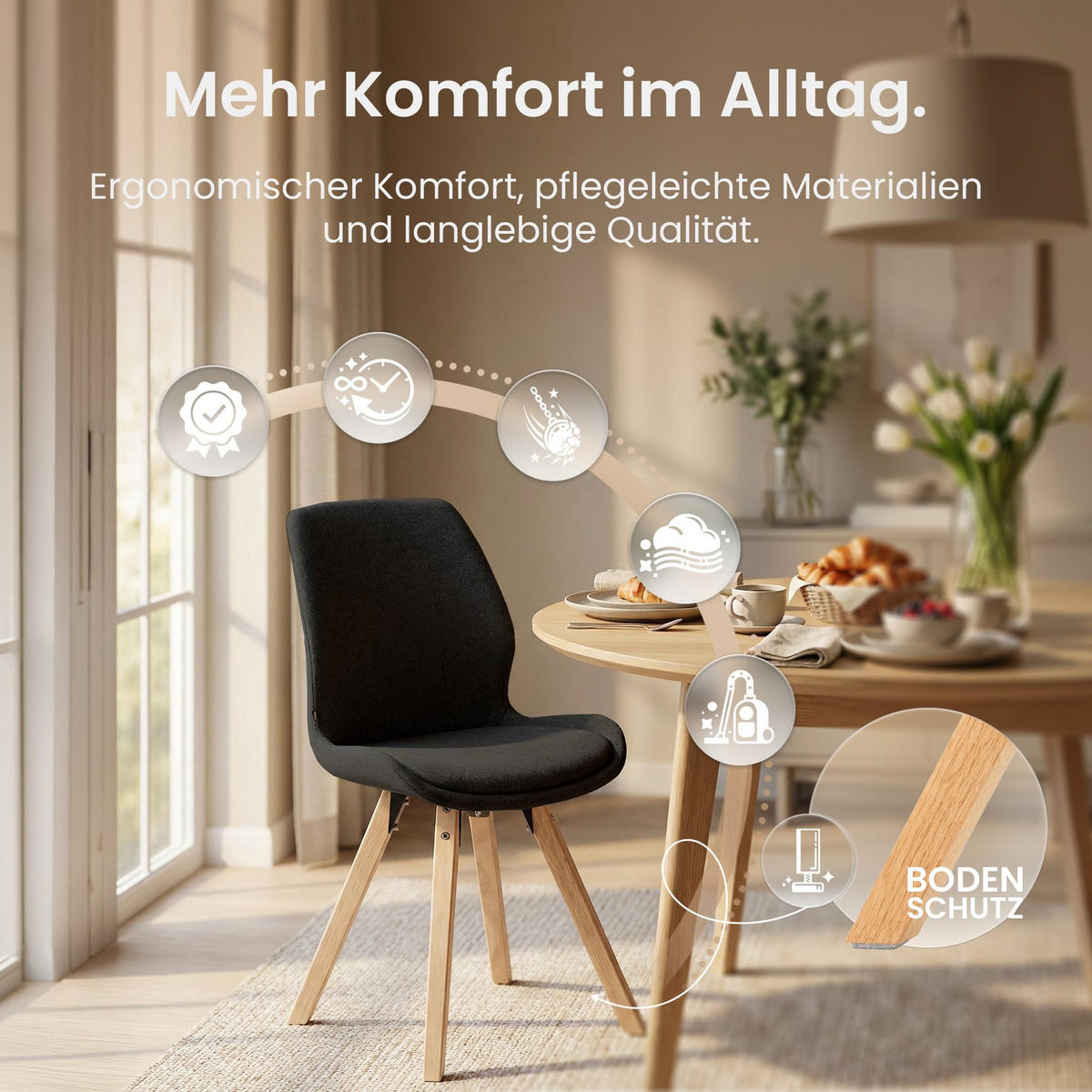 STUHL 2er Set Stoff Schwarz - Eukalyptusholzfarben/Schwarz, Holz/Textil (49/87/58cm) - CLP