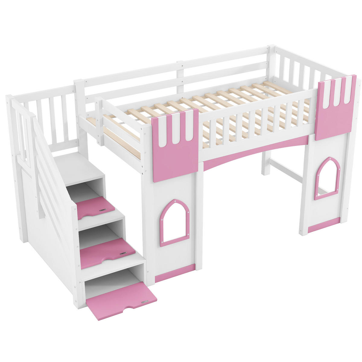 HOCHBETT 90/200 cm, Weiß/Rosa mit Stauraumtreppe und 2 Fenstern - Weiß, Holz (90/200cm) - MIVRAY