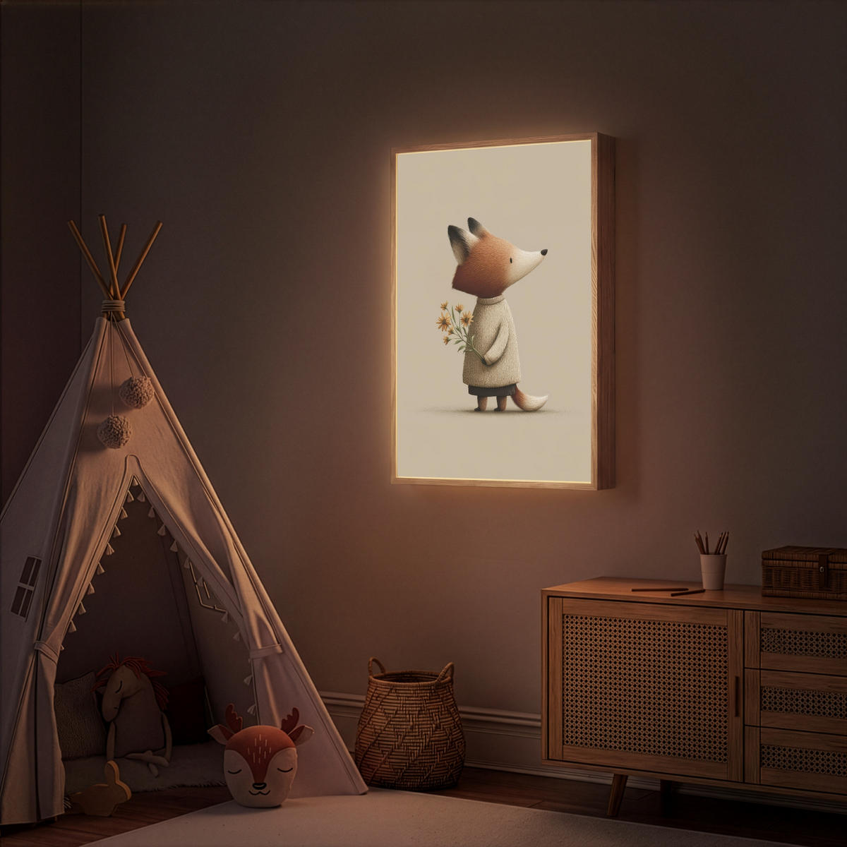 DOBÍJECÍ NOČNÍ LAMPIČKA Liška - Žluté květy - Minimalistický 60x90 cm - šedohnědá, kompozitní dřevo (8/60/90cm) - OnlyWow