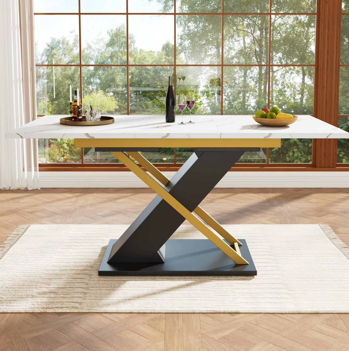 AUSZIEHBARER Esstisch MDF mit Marmormuster & Metallgestell, 120-160/80/75,4 cm, Schwarz - Schwarz, Holzwerkstoff (160/80/75.4cm) - Redom