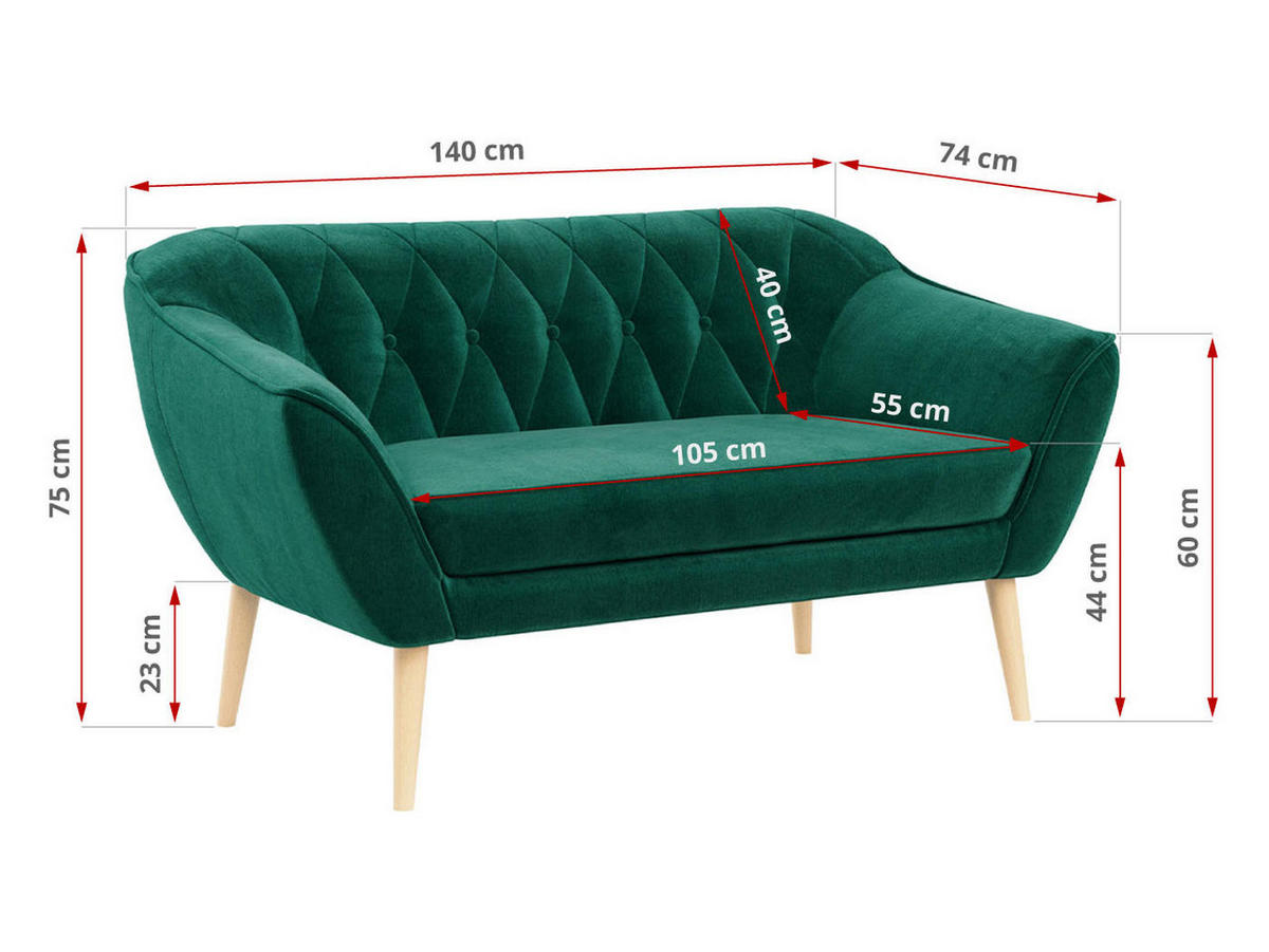 SOFA Pirs 2 Sitzer Velvet Dunkelgrün - Dunkelgrün/Braun, Holz/Textil (140/75/74cm) - MKS