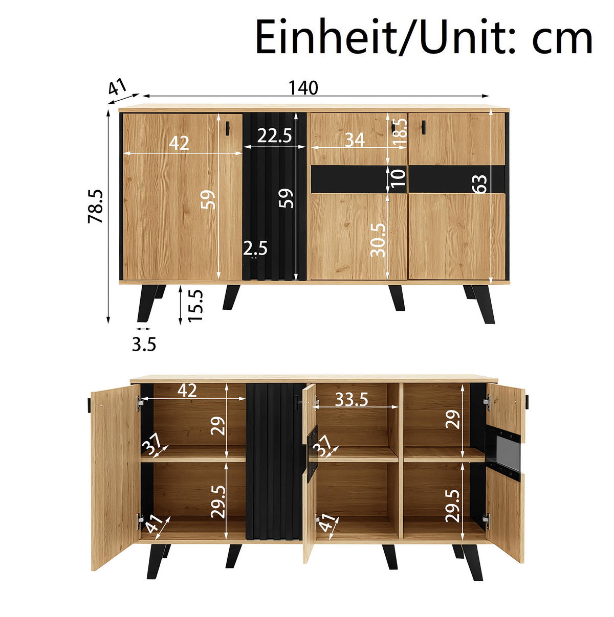 SIDEBOARD 140/41/78,5 cm mit 3 Türen, Glas-Element und LED in Holzfarben - Naturfarben, Holzwerkstoff (140/78/41cm) - BEAOK