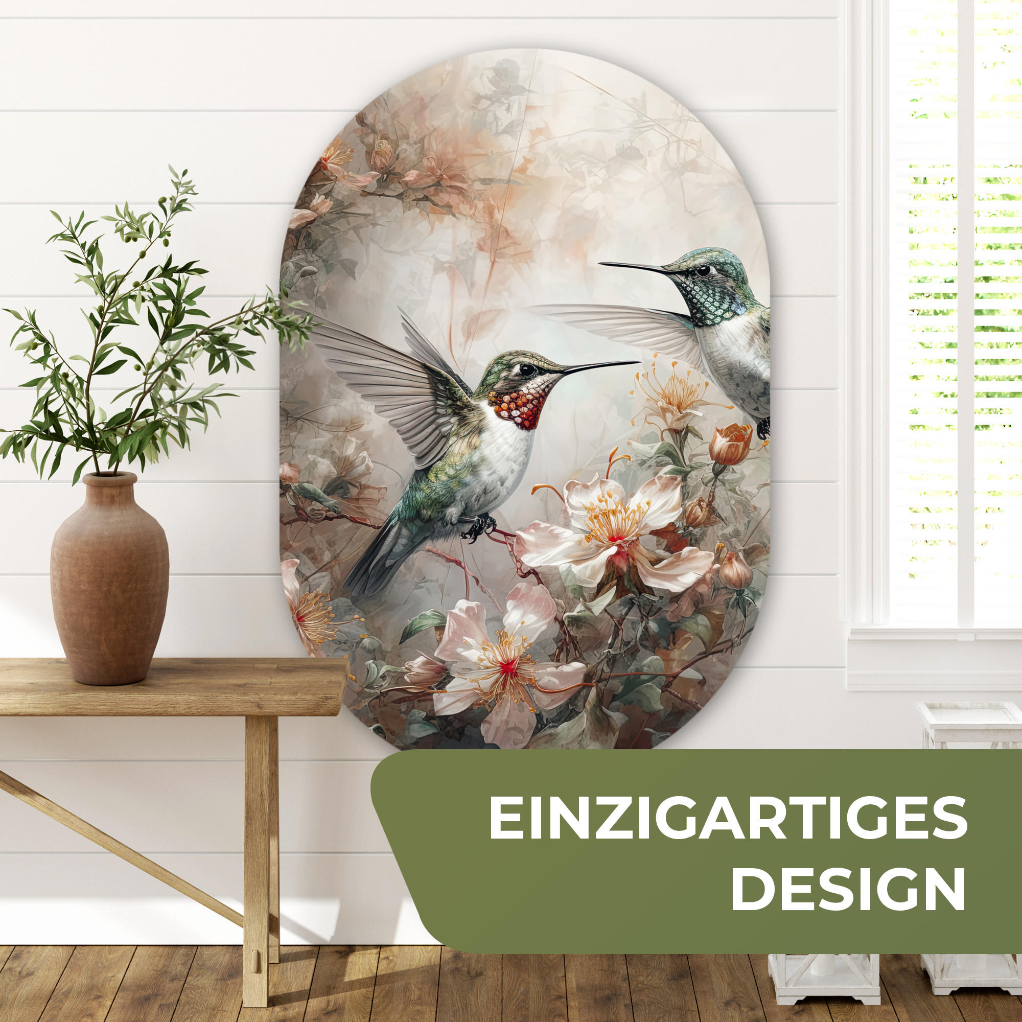 WANDBILD Kolibri - Vögel - Blumen - Pflanzen 80x120 cm - Hellgrün, Kunststoff (80/120cm) - MuchoWow