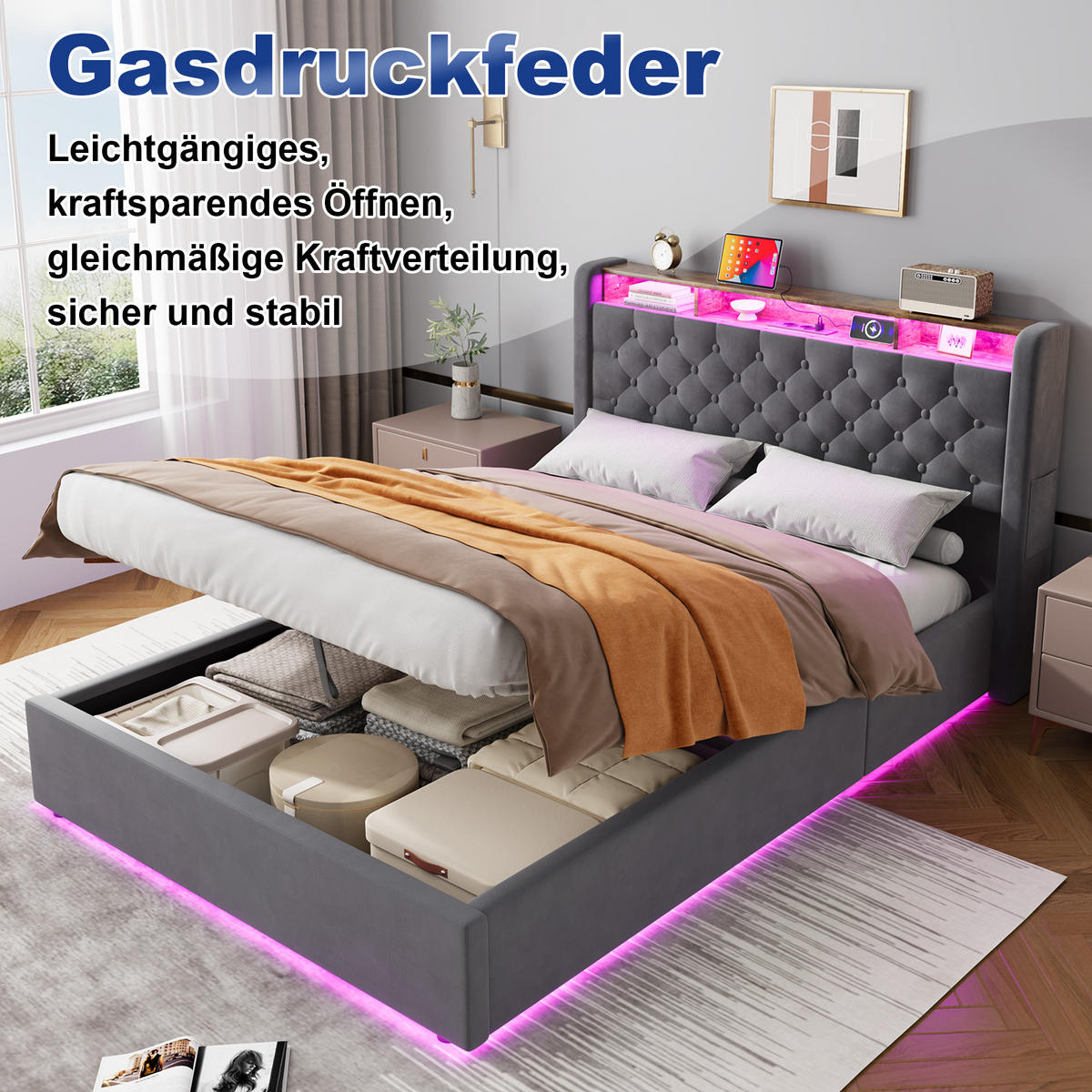 POLSTERBETT 140/190 cm mit hydraulischem Bettkasten, Schubladen, Klappbares Kopfteil, LED-Beleuchtung, Grau - Grau, Textil (140/190cm) - Redom