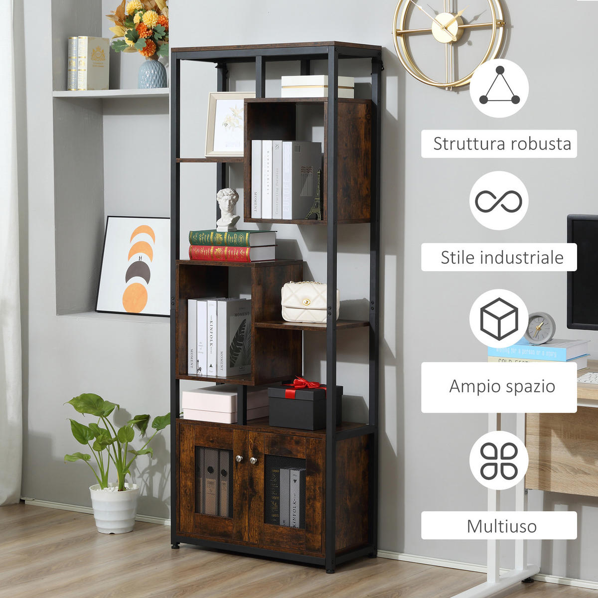 BÜCHERREGAL,INDUSTRIE 8-stöckig mit 2 Türen 70x30x180cm,braun - Braun, Holzwerkstoff (70/180/30cm) - Vallsero
