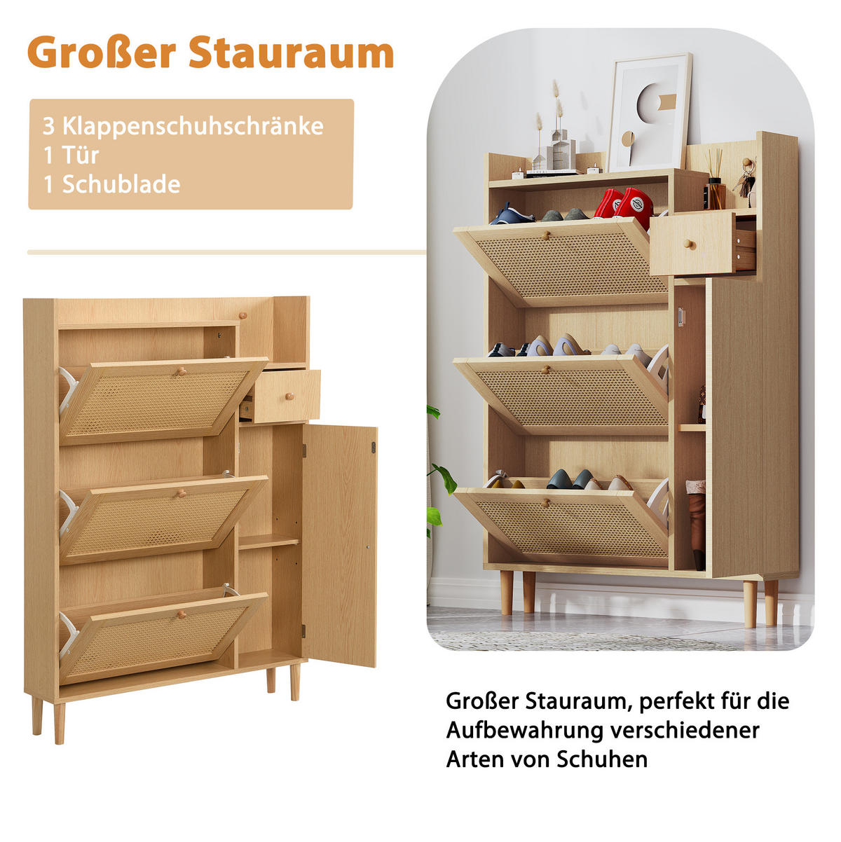 SCHUHSCHRANK 90/125/17 cm in Natur mit 3 Klappen und 1 Schublade - Naturfarben, Holzwerkstoff (90/125/17cm) - Flora Grace