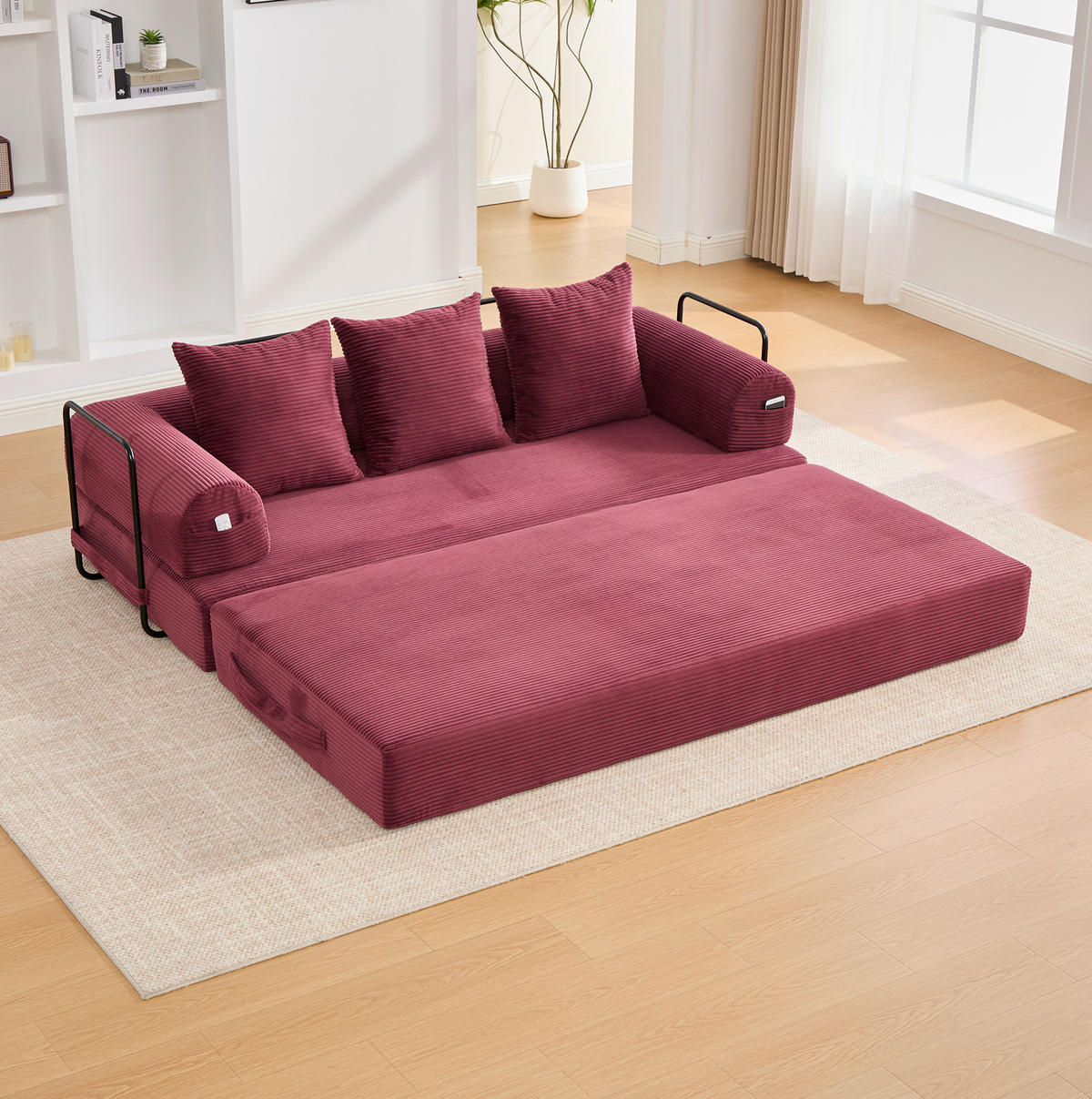 SOFA modular 200 x 94 cm Cord Wine Red mit Metallgestell und 3 Kissen - Rot, Kunststoff (94/67/200cm) - Meubliv