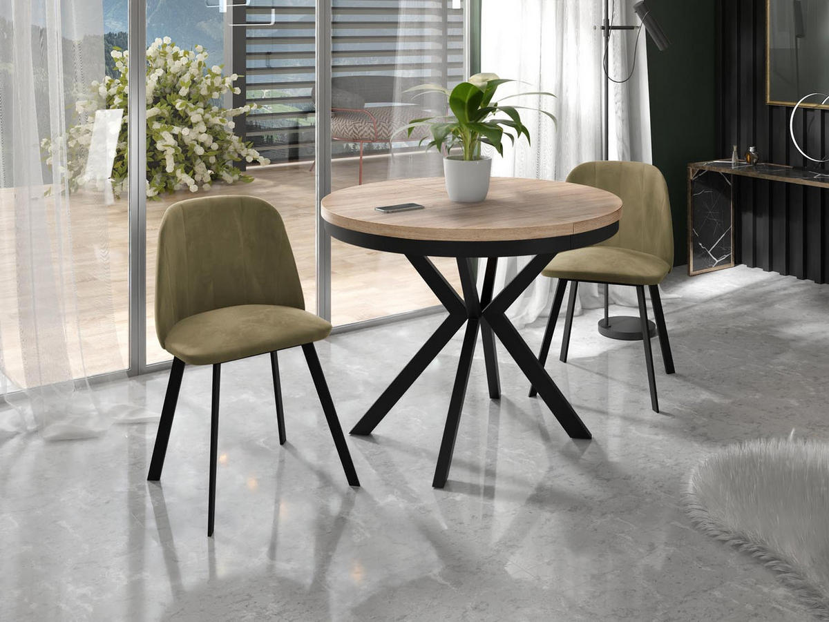 ESSTISCH Ross runder ausziehbarer, Sonoma Eiche 120-200/120/76 cm - Schwarz/Sonoma Eiche, Holzwerkstoff/Metall (120/120/76cm) - WFL GROUP