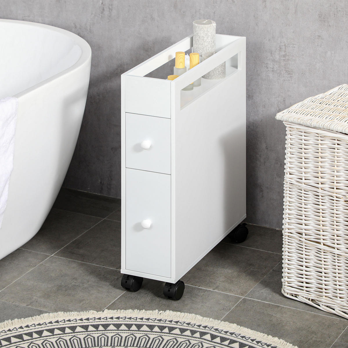 BADEZIMMERSCHRANK mit Rollen, Nischenschrank mit 2 Schubladen, offenem Fach - Schwarz/Weiß, Holz/Holzwerkstoff (49.5/66/16cm) - HOMCOM