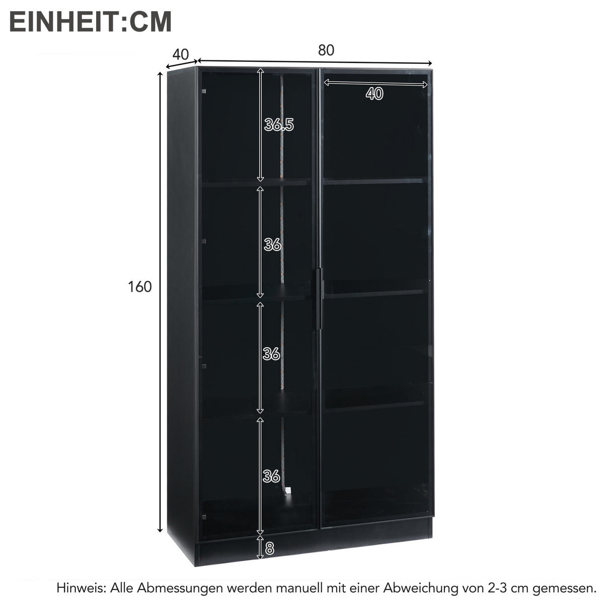 VITRINE mit LED-Beleuchtung 80 x 40 x 160 cm Schwarz 2-türig - Schwarz, Holzwerkstoff (40/160/80cm) - Beauniv