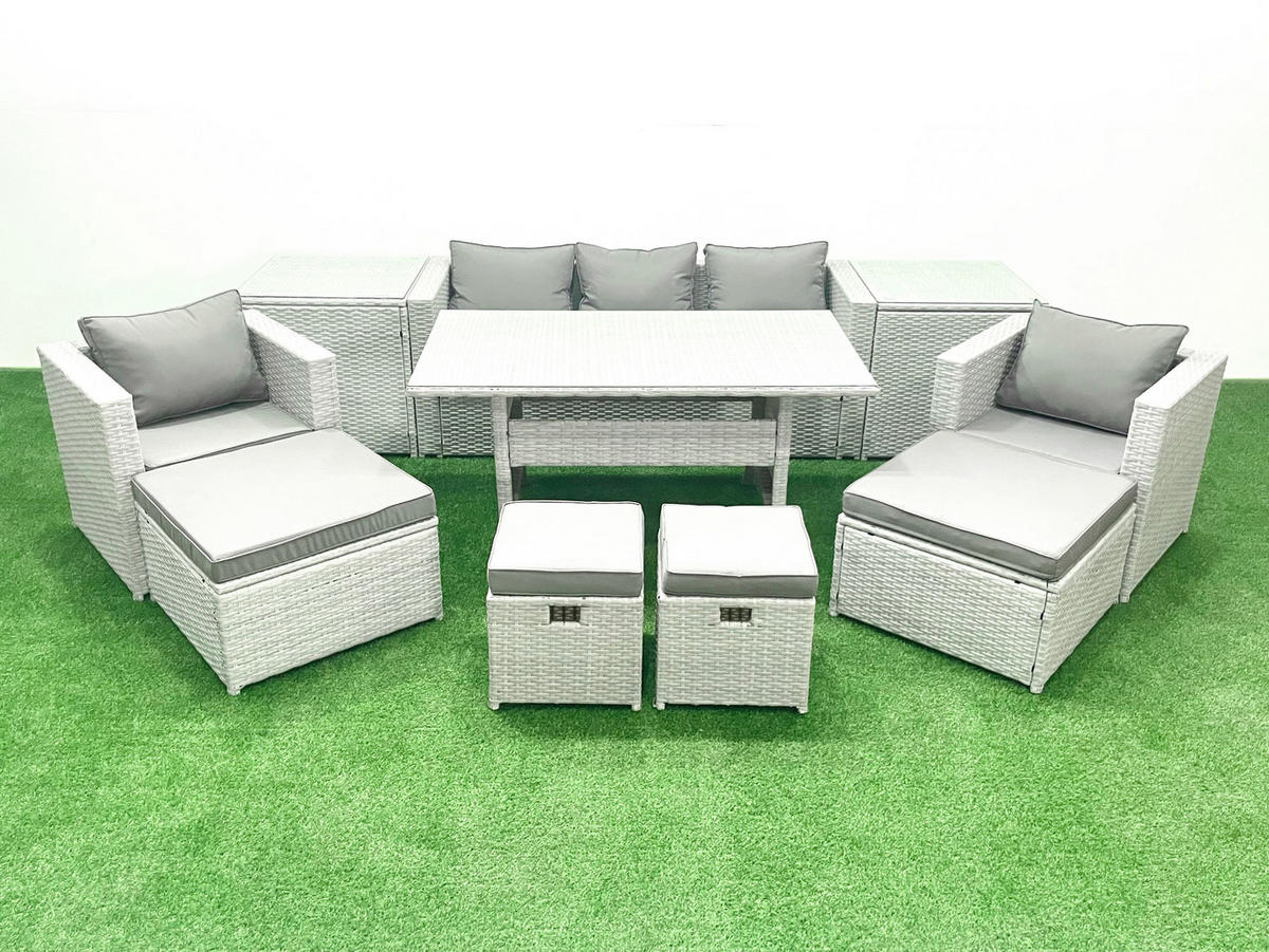 GARTENSET mit Esstisch,Sofa,3 Fußhocker, 2 Beistelltischen,2 Stühle Polyrattan Hellgrau 9-Sitzer - Hellgrau/Grau, Glas/Kunststoff - Fimous