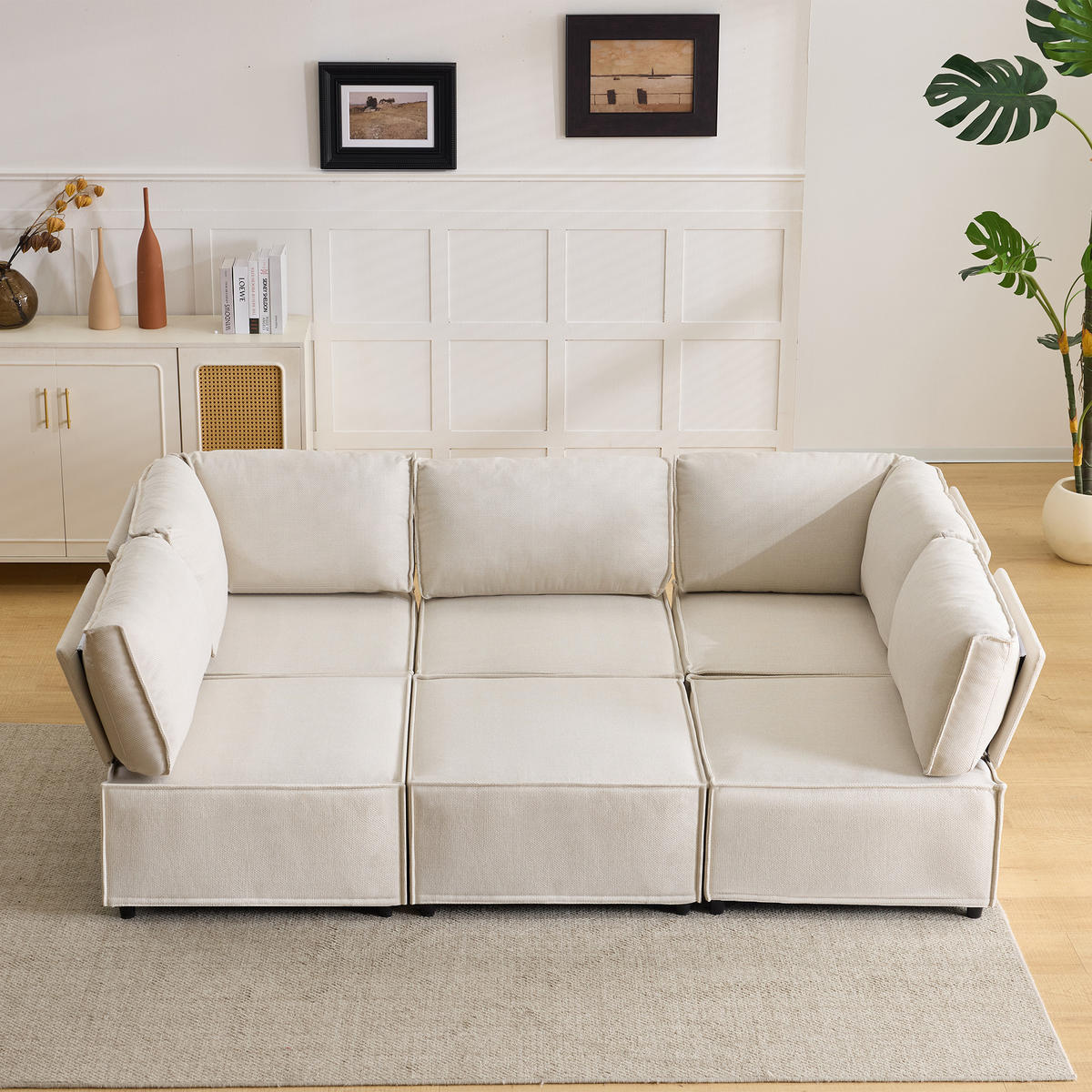 WOHNLANDSCHAFT Leinen Beige Frei kombinierbar - Beige, Holzwerkstoff/Textil (308/77/152cm) - WISHDOR