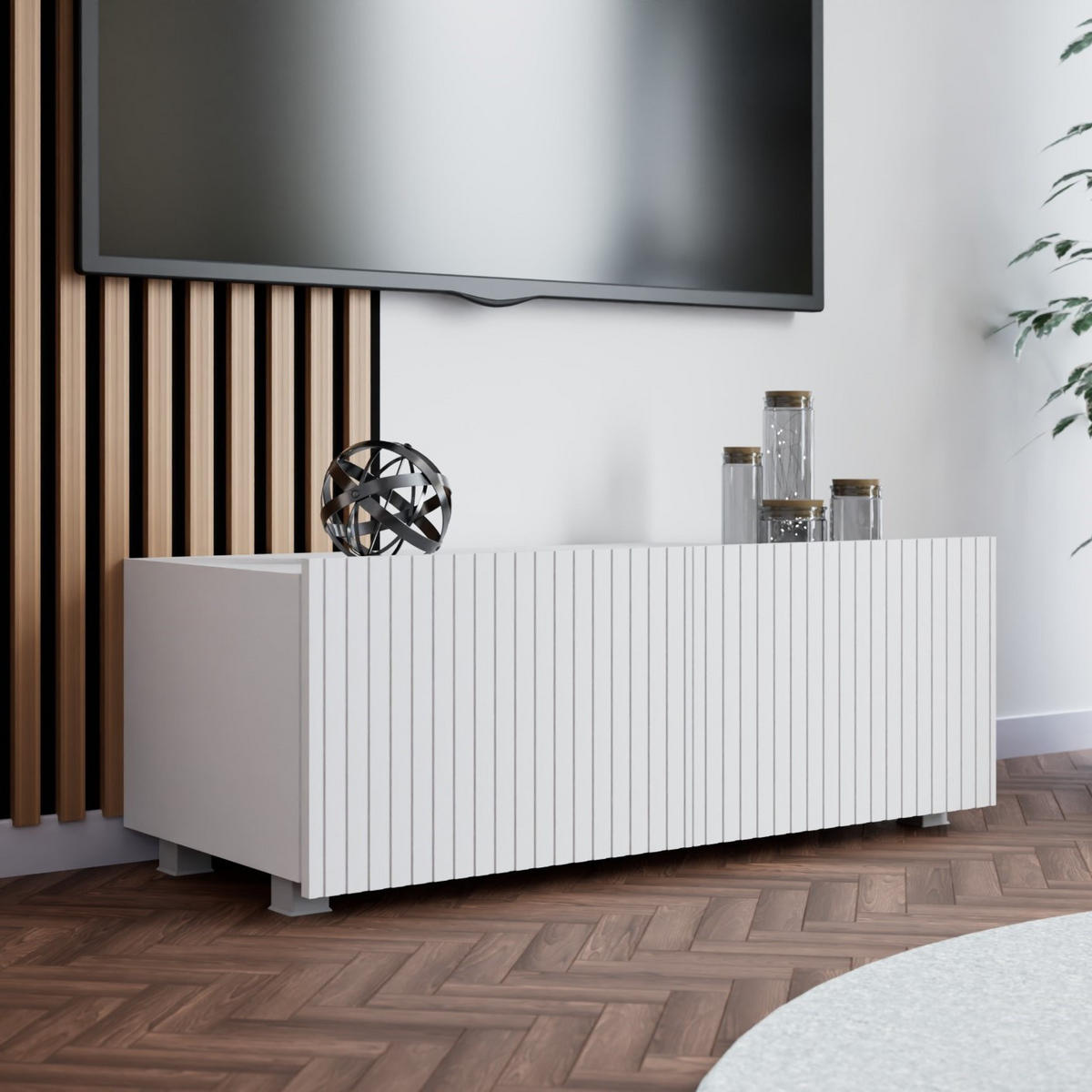 TV-LOWBOARD Kolder 100 cm Weiß mit geriffelten Fronten - Silberfarben/Weiß, Holzwerkstoff/Kunststoff (100/38/43cm) - Ravio