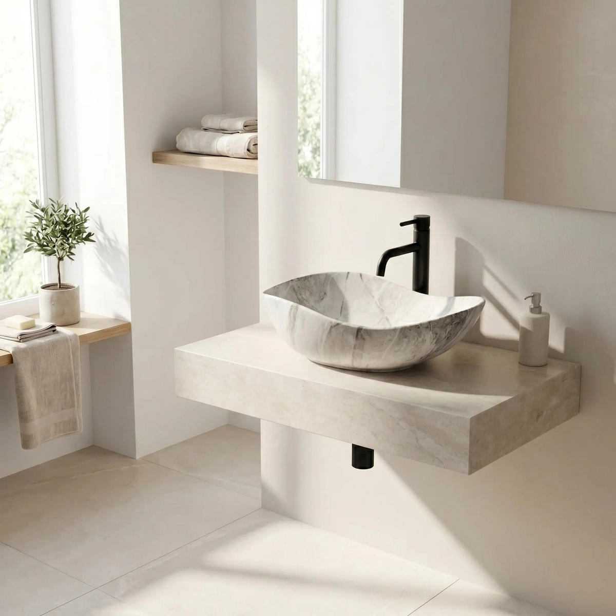 AUFSATZWASCHBECKEN Rea Dora Stone - Weiß, Keramik (40/17.5/51.5cm) - REA