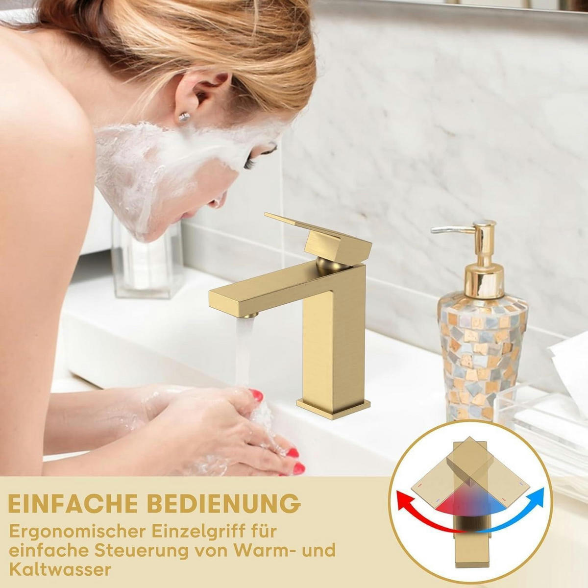 WASCHTISCHARMATUR Gold gebürstet Keramikkern - Goldfarben, Metall (5/11.9/16.2cm)