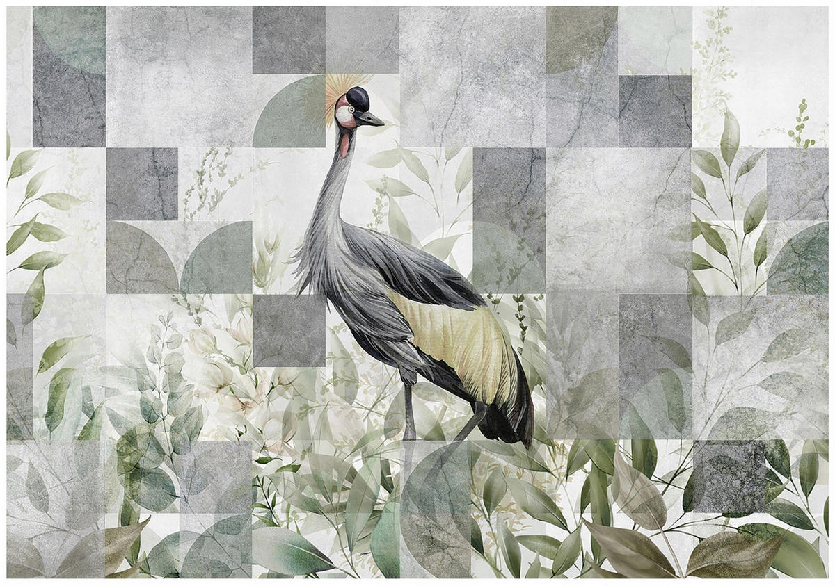 FOTOTAPETE Vogel Blätter Grau 312x219 cm - Multicolor, Textil (312/219cm) - Wallarena