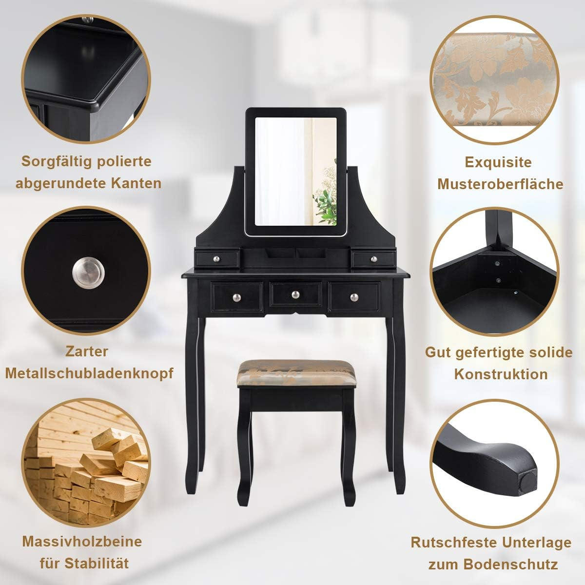 SCHMINKTISCH mit hocker frisiertisch Schwarz - Schwarz, Holz (80/139/40cm) - COSTWAY