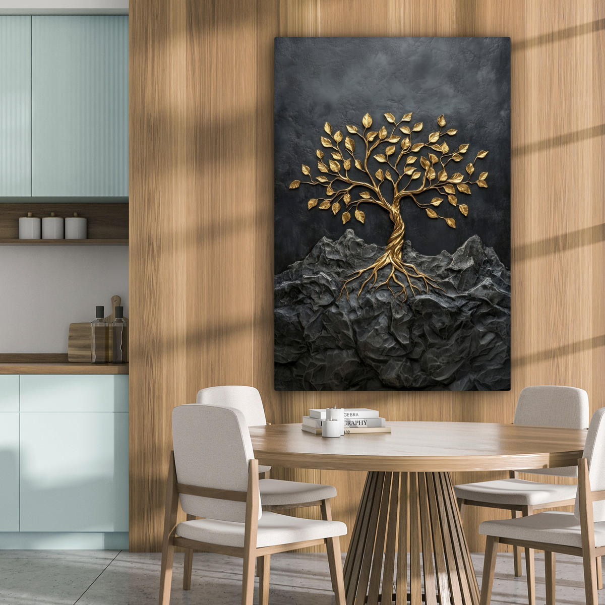 LEINWANDBILD Blätter - Gold - Baum - Fels Deko Groß 90x140 cm - Schwarz, Textil (90/140cm) - MuchoWow