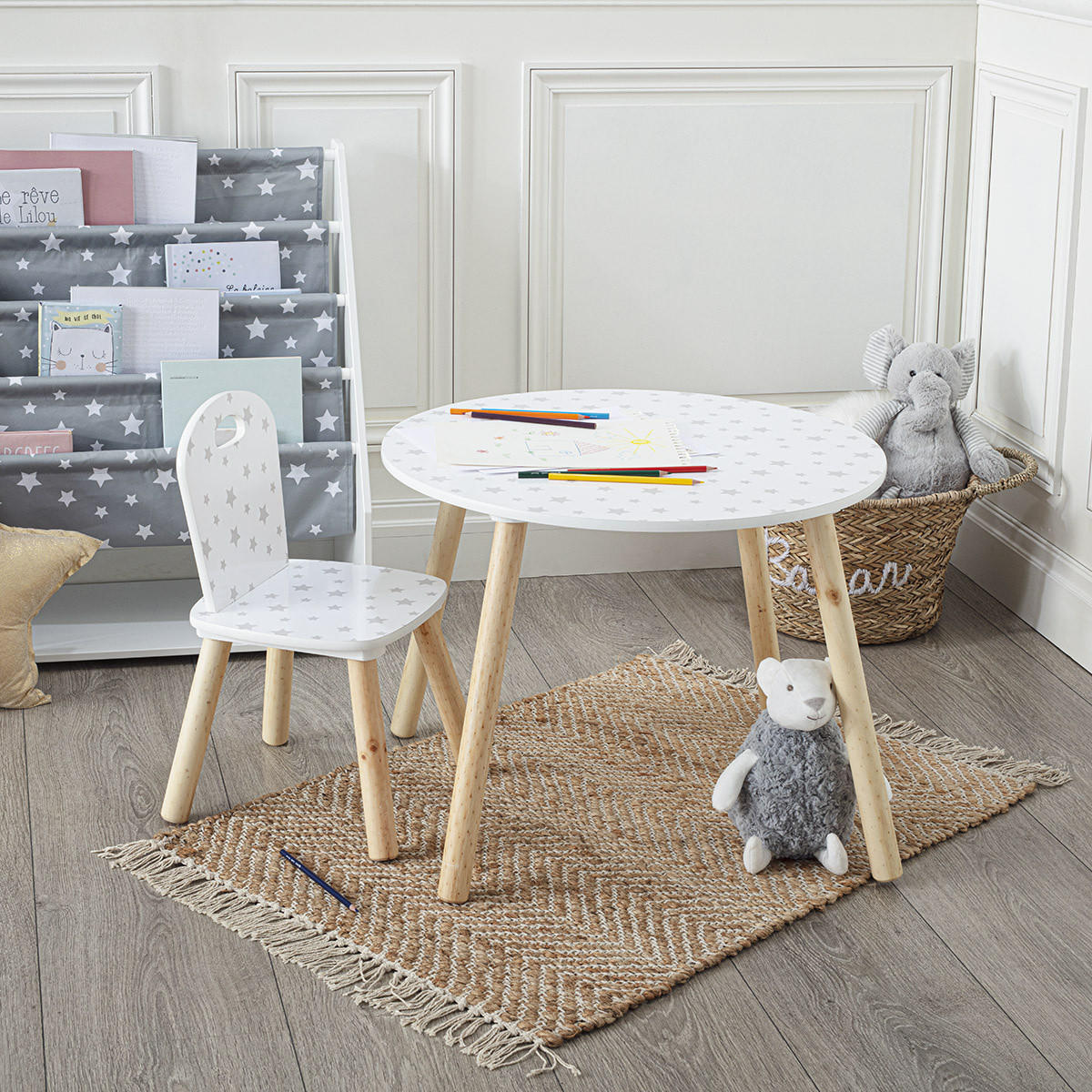 KINDERSTUHL weiß mit grauen Sternen 30/30/49,5 cm - Weiß, Holzwerkstoff (30/49.5/30cm) - Atmosphera for kids