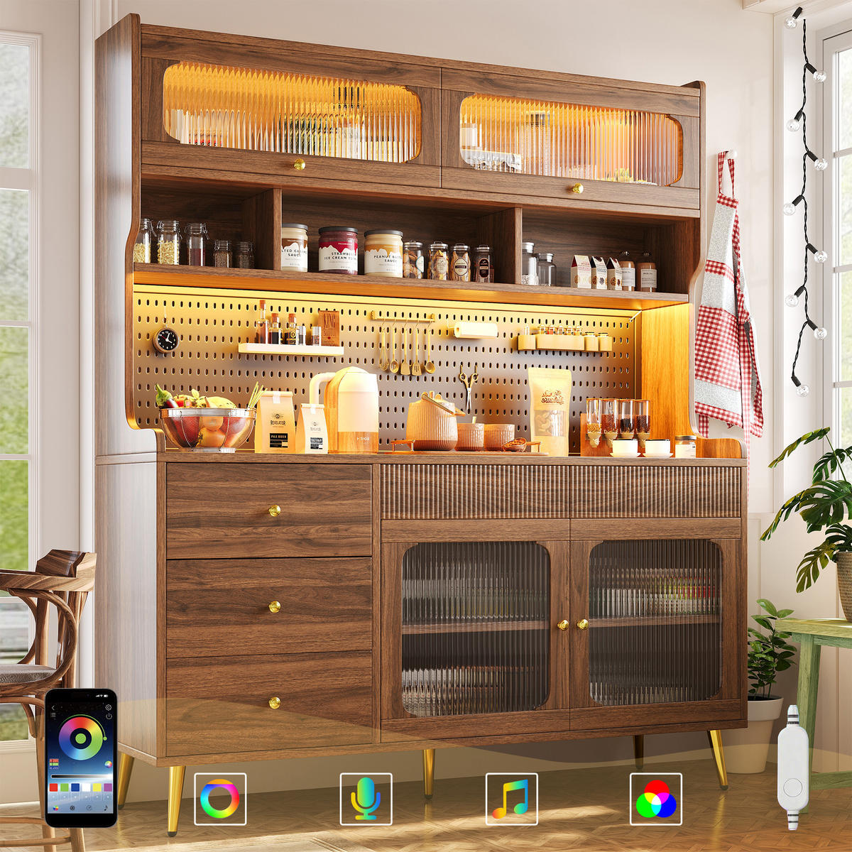 BUFFET 145x39x171cm LED Lochwand Walnuss - Walnussfarben, Glas (145/171/39cm) - FLIEKS