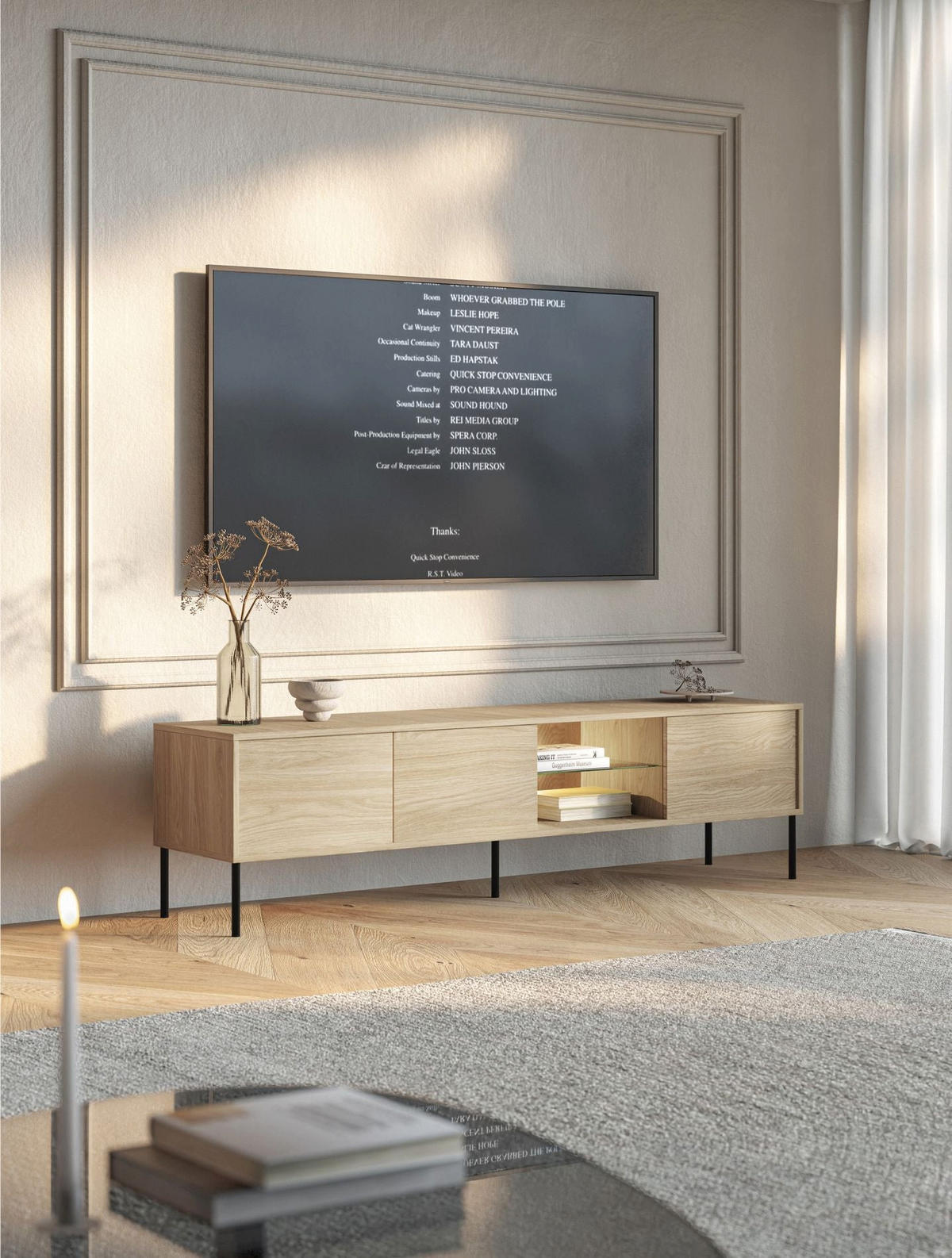 TV stolík Modity Dekor dub 175/47/31 cm - čierna/farba duba, kov/kompozitné drevo (175/47.5/31.2cm) - Selsey