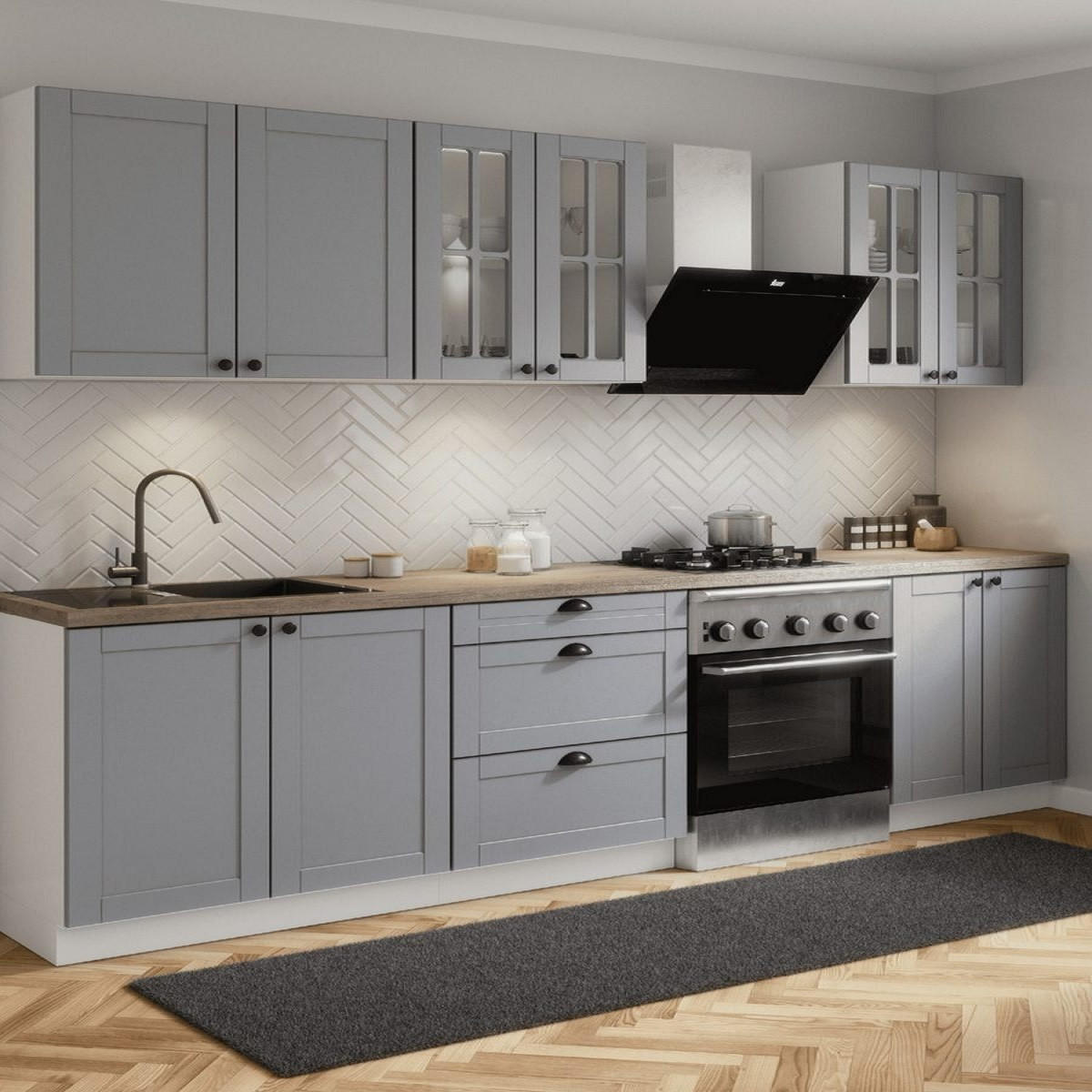 KÜCHENZEILE 200 cm - Linea K6-M200 - in Grau/Matt - Schwarz/Grau, Holz/Holzwerkstoff (200/210/47cm)