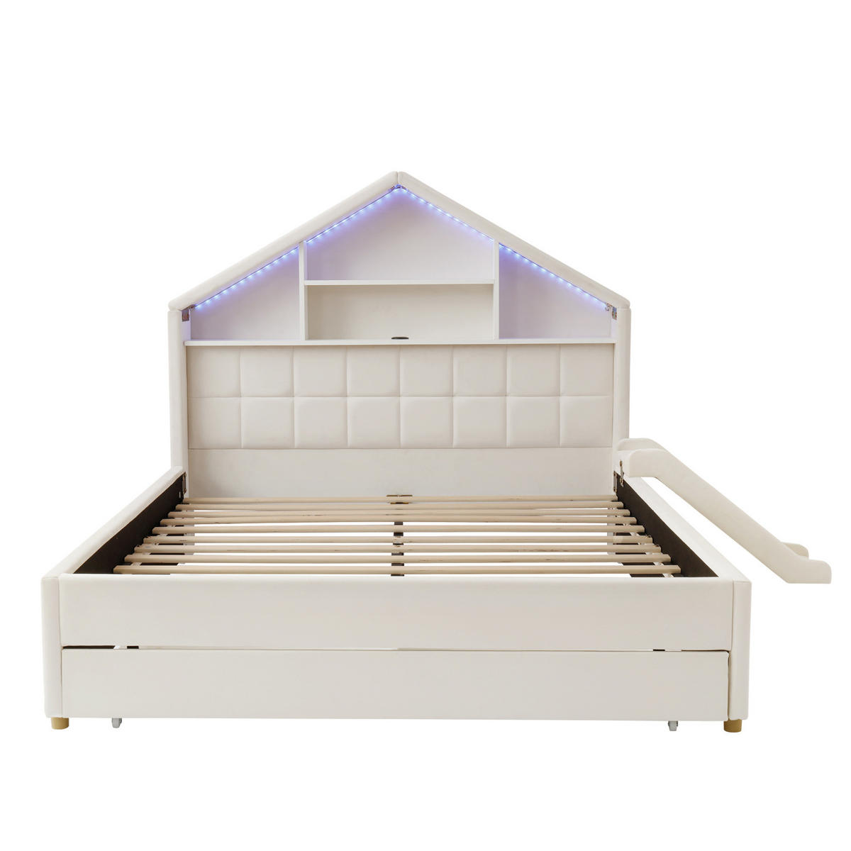 KINDERBETT aus Velvet 140x200 cm Beige mit Rutsche, LED-Beleuchtung, Ladeanschluss und Bettkasten - Beige, Textil (140/200cm) - Modfu