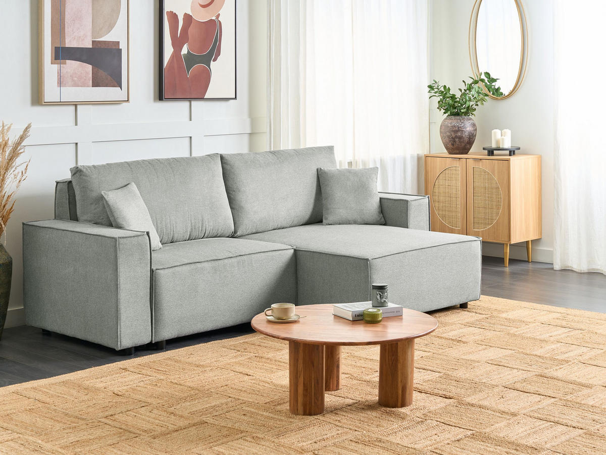 3-SITZER-ECKSOFA grau rechtsseitig mit Schlaffunktion Stauraum Karila - Grau, Textil (250/150cm) - Beliani