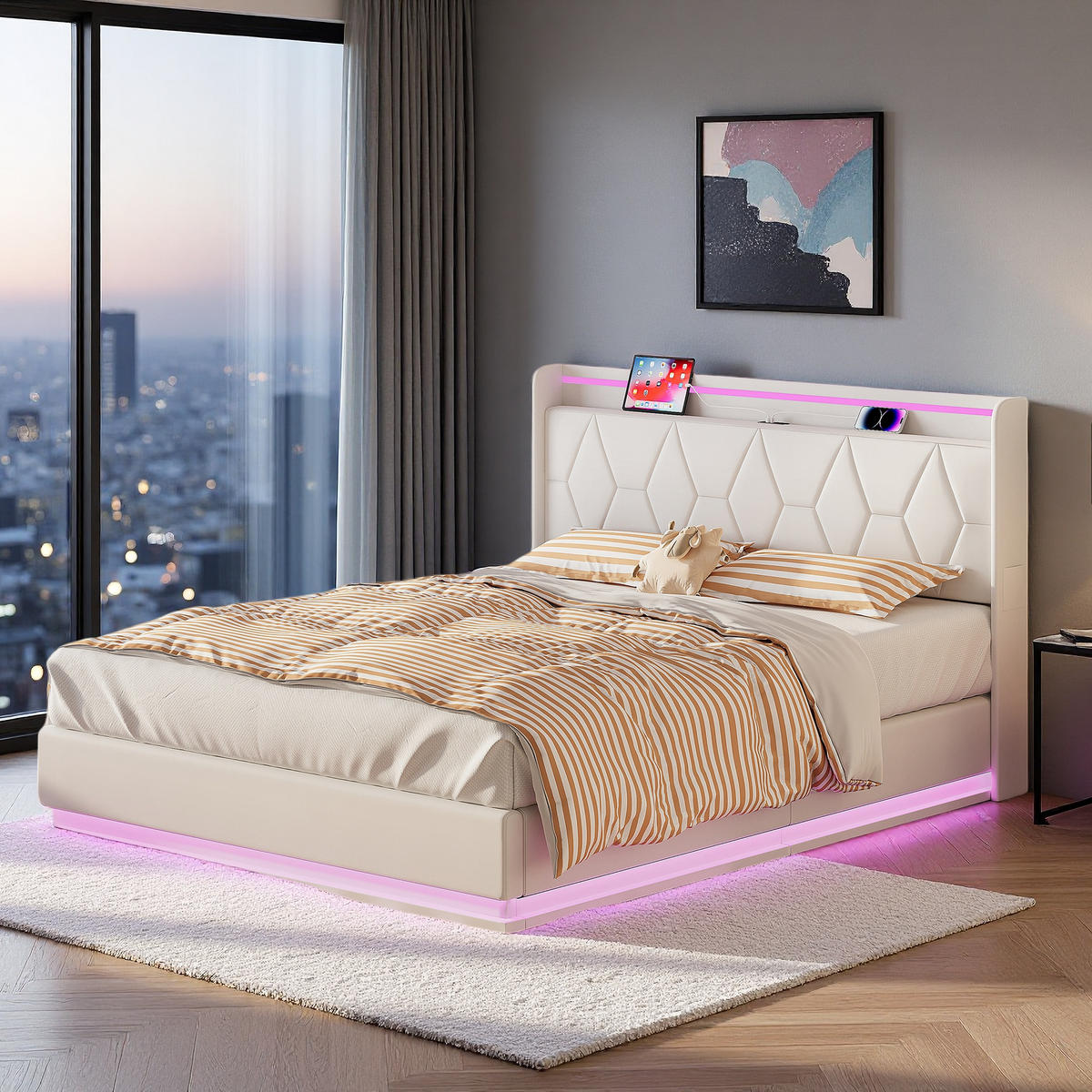 POLSTERBETT 160x200 cm Weiß Samt LED USB Stauraum - Weiß, Metall (160/200cm) - SHOPENTRA