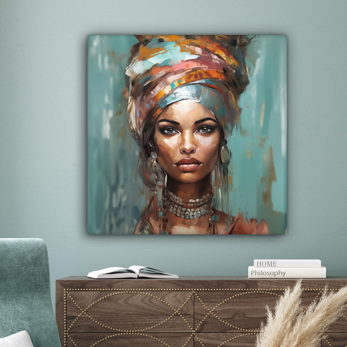 LEINWANDBILD Frau - Kunst - Schmuck - Porträt 90x90 cm - Blaugrau, Textil (90/90cm) - MuchoWow