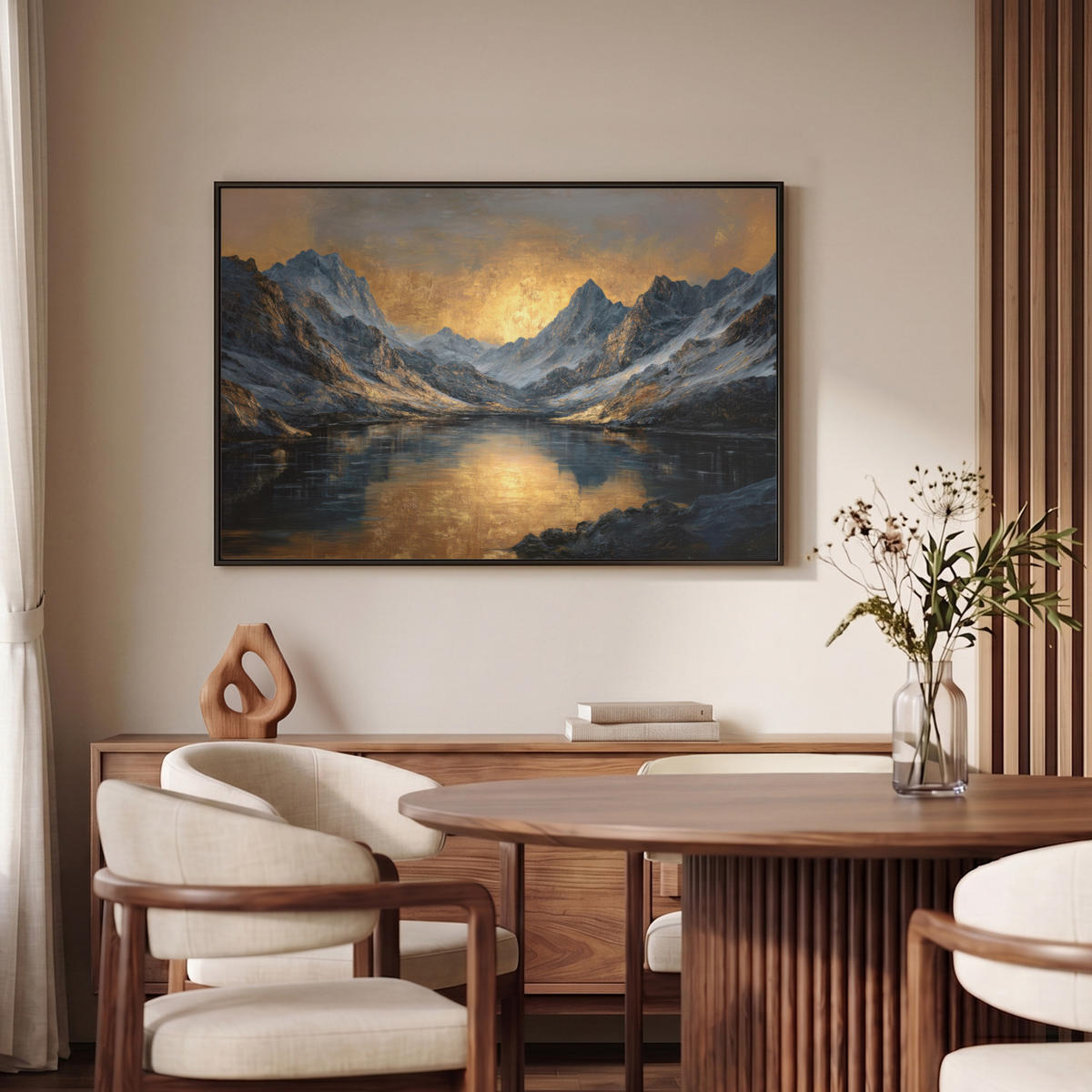 LEINWAND Bilder mit Rahmen - Bergkulisse mit goldenem Sonnenuntergang - 90x60 - Goldfarben, Textil (90/60cm) - MuchoWow