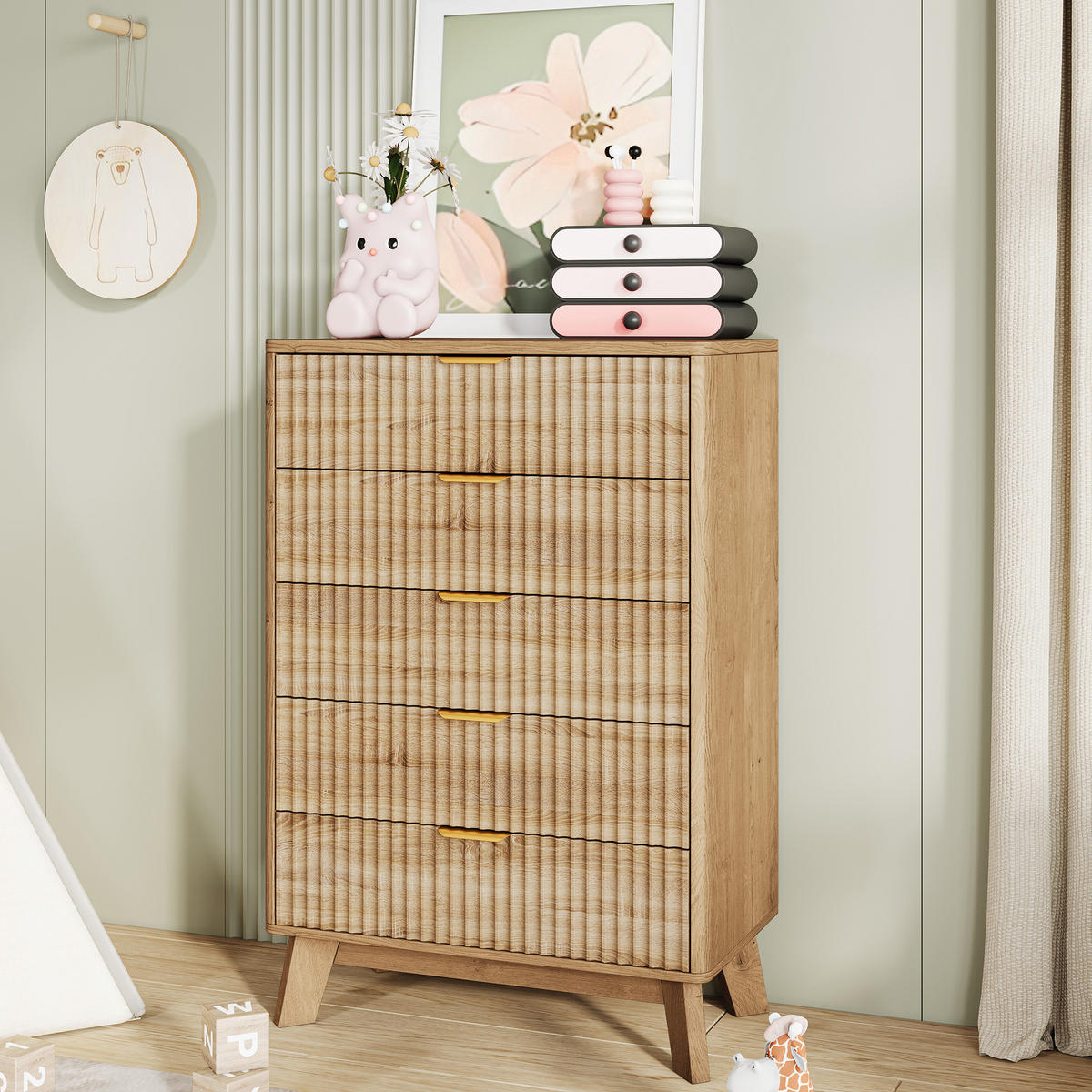 KOMMODE 5 Schubladen, Holz natur, große Kapazität, Anti-Kipp, Metallgriffe, Massivholzfüße - Naturfarben, Holz (73/108/40cm) - EuroLiving