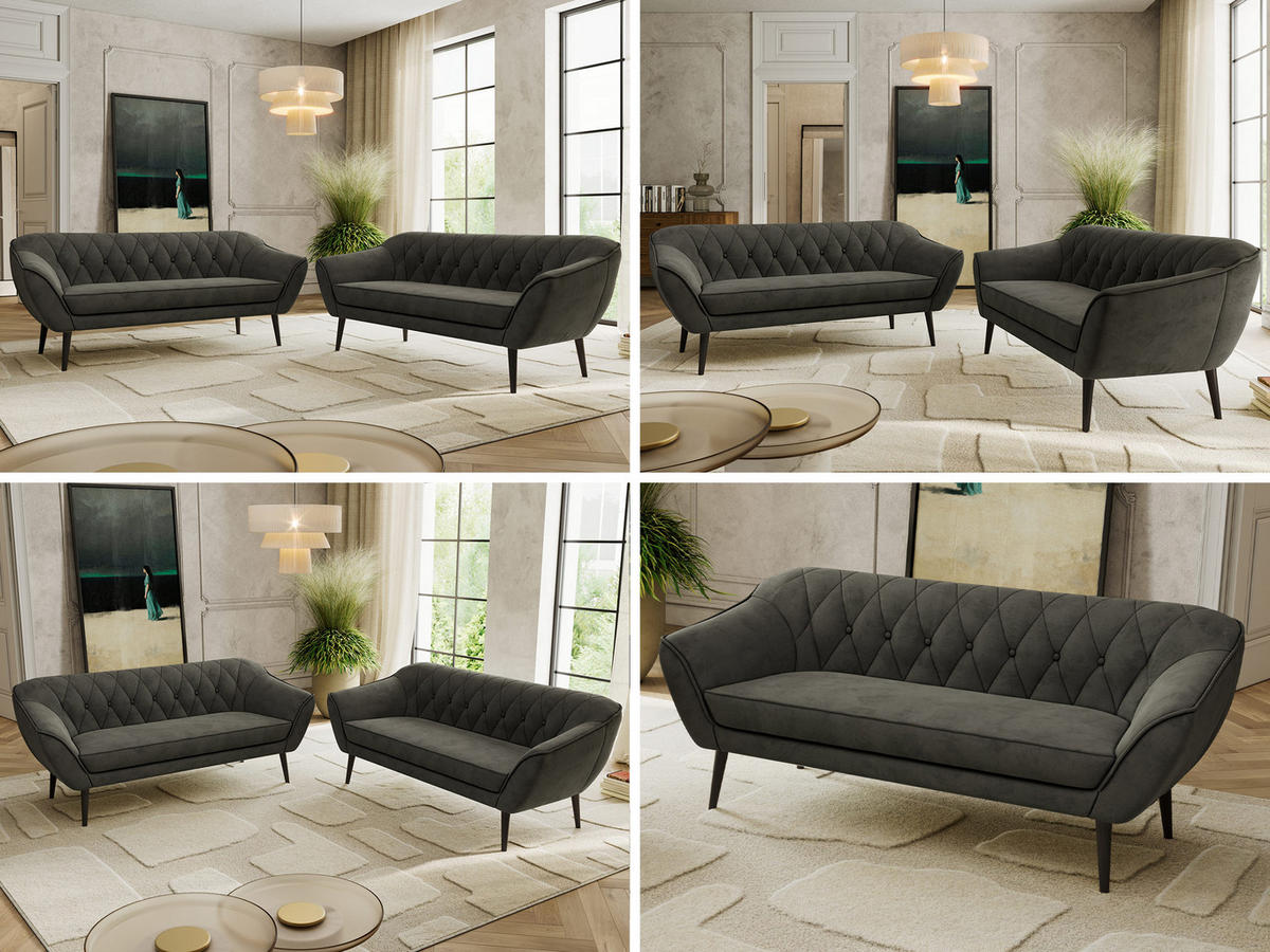 SEDACÍ SOUPRAVA 3+3 PIRS - Tmavě šedá Samet - Černé nohy - černá/tmavě šedá, kompozitní dřevo/textil (180/75/74cm) - MKS