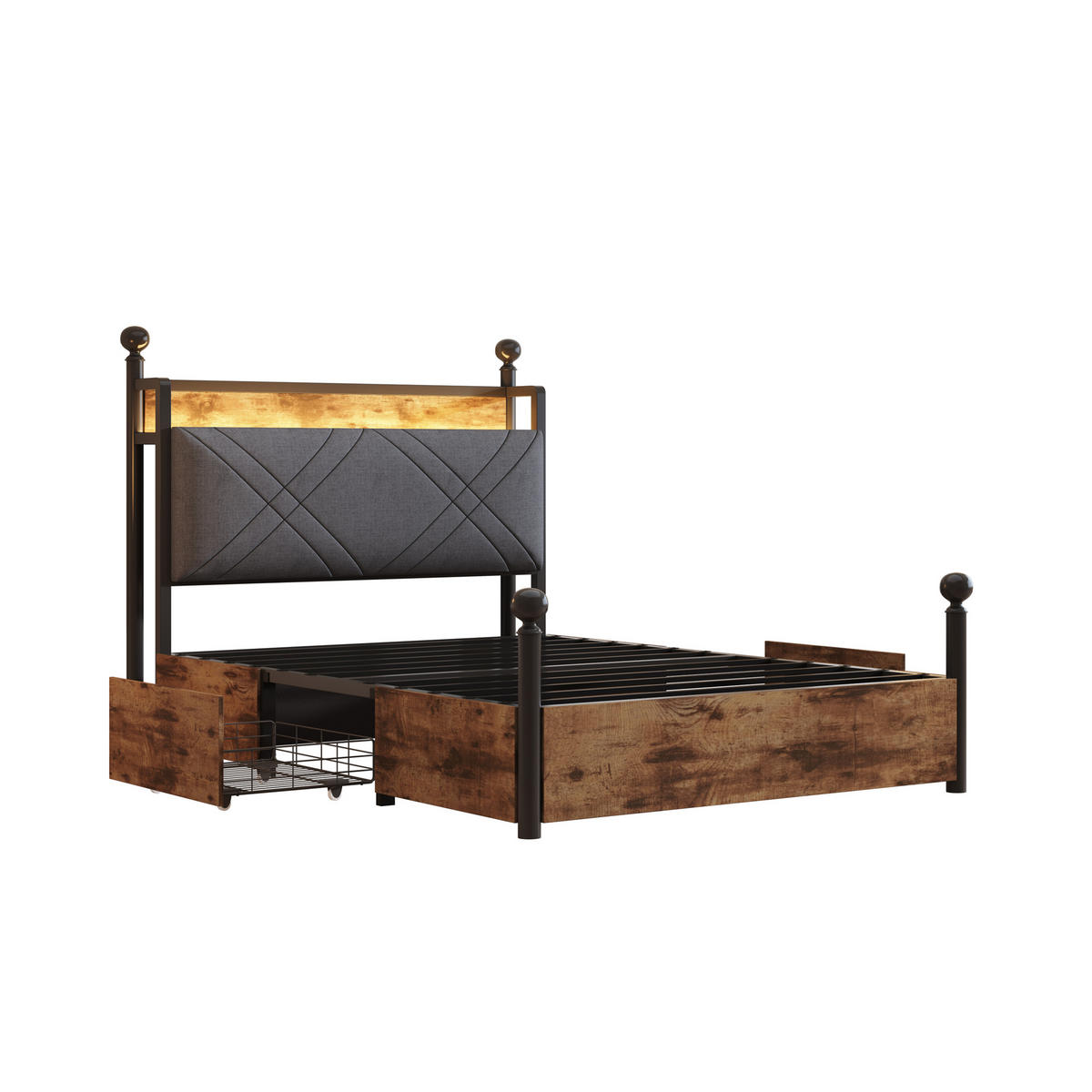 BETT Multifunktionales 90/190 cm mit Stauraum und schwenkbarem Baldachin - Schwarz, Metall (90/190cm) - OKWISH