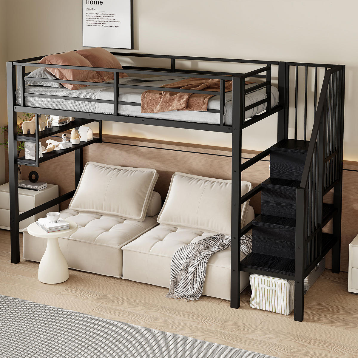 HOCHBETT 90x200cm Schwarz Einlegeböden Stauraumleiter Geländer - Schwarz, Metall (90/200cm) - FLIEKS