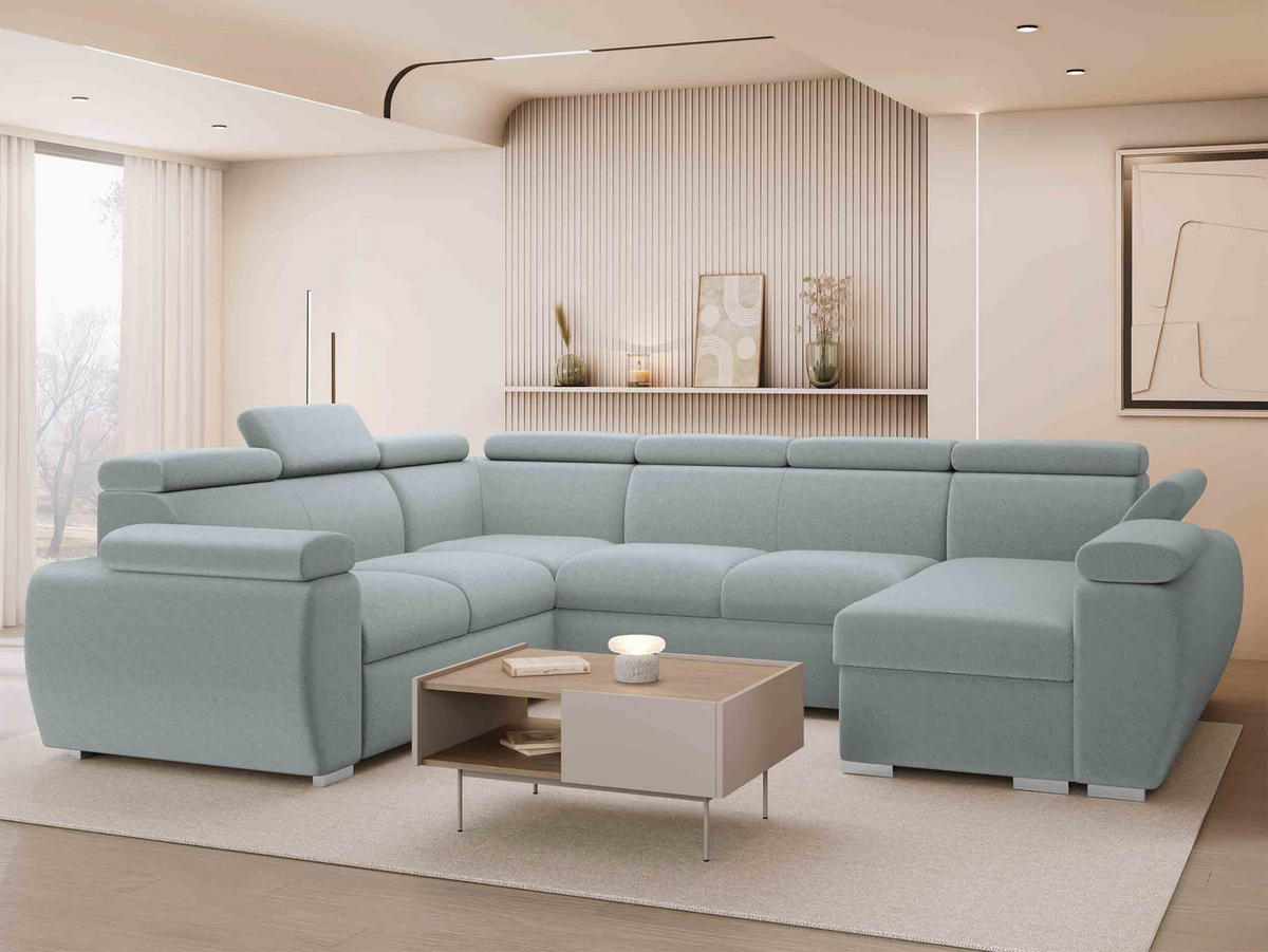 WOHNLANDSCHAFT Boston U, Seite: Rechts - 2R+R+2P+LC - Chromfarben/Blaugrau, Holz/Textil (325/98/260cm) - MIRJAN24