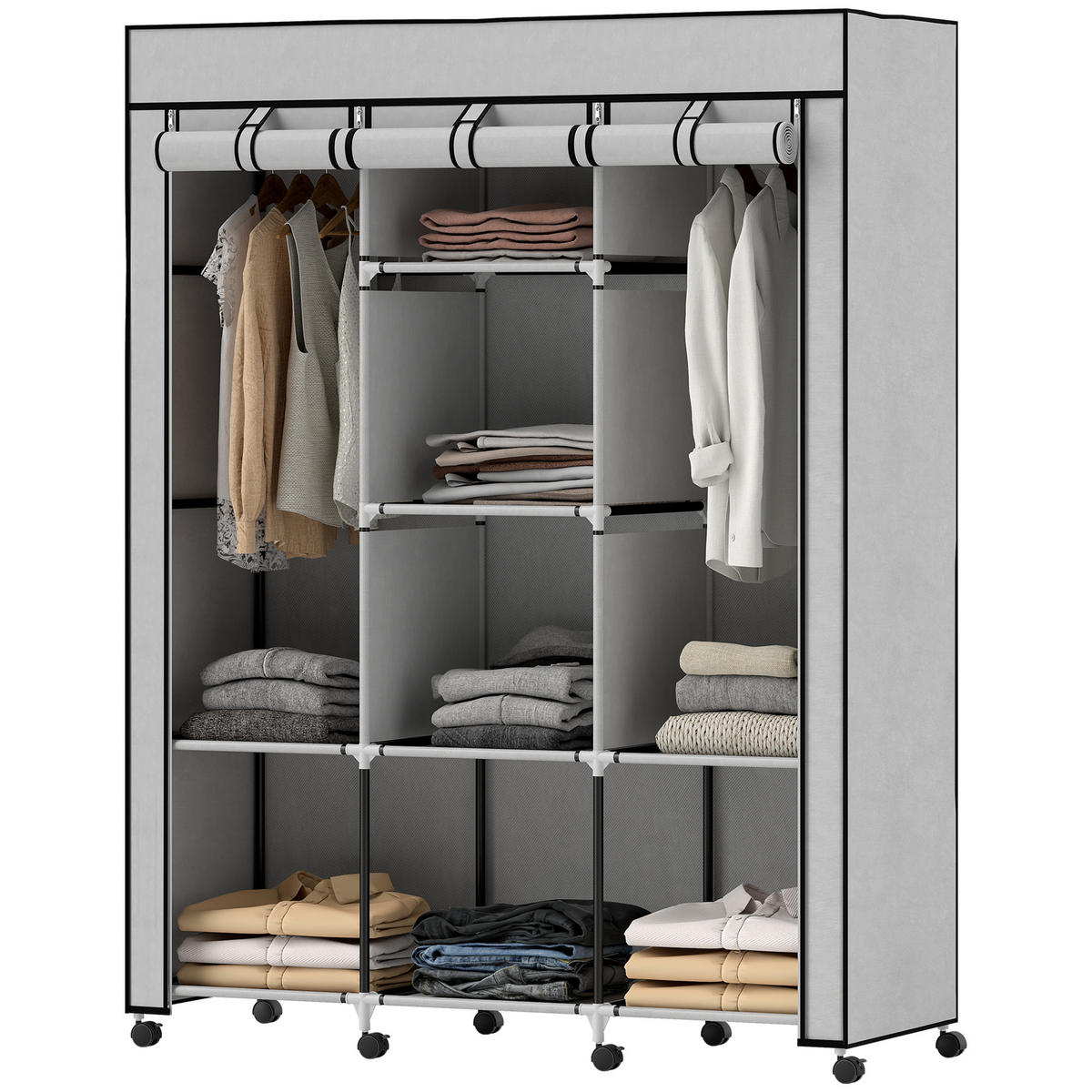 STOFFSCHRANK mit 8 Regalen und 2 Kleiderstangen, faltbarer Kleiderschrank als Aufbewahrungslösung in Grau - Hellgrau, Metall (125/162.5/43cm)