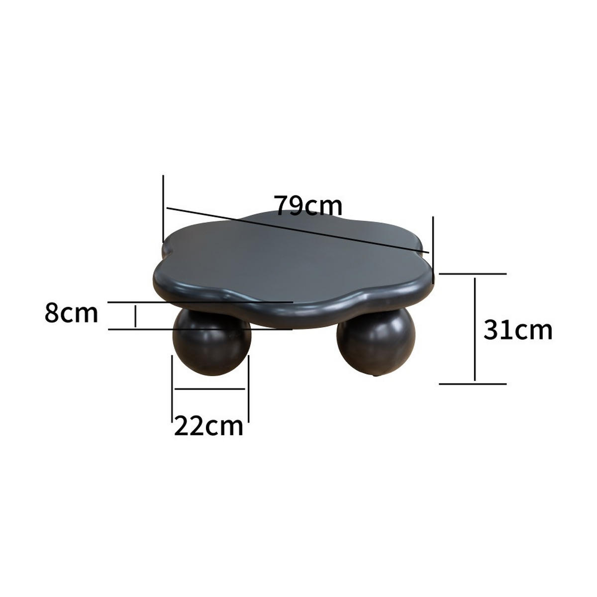 COUCHTISCH wolkenförmig 80 cm mit Kugelfüßen, matter Beistelltisch in Schwarz für kleine Wohnungen - Schwarz, Holzwerkstoff (79/79/31cm)