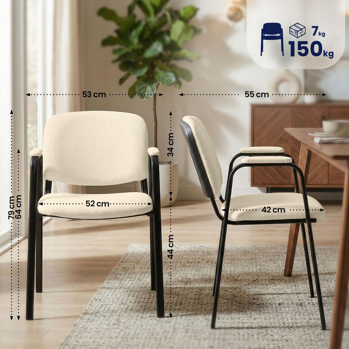 BESUCHERSTUHL 4er Set Stoff Creme - Creme/Schwarz, Textil/Metall (53/79/55cm) - CLP