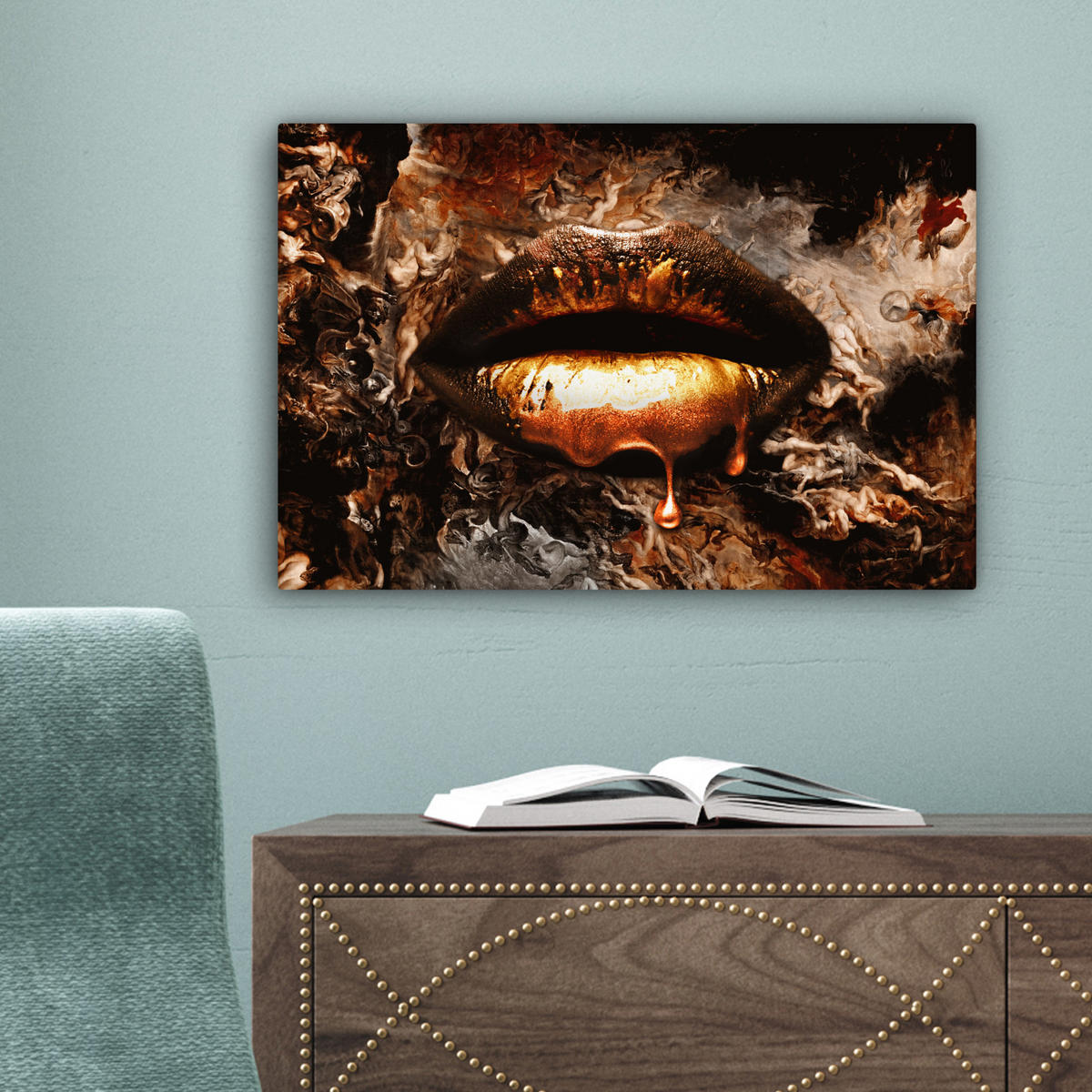 LEINWANDBILD Gold - Lippen - Kunst - Gold - Luxus - Abstrakt 30x20 cm - Kupferfarben, Textil (30/20cm) - MuchoWow