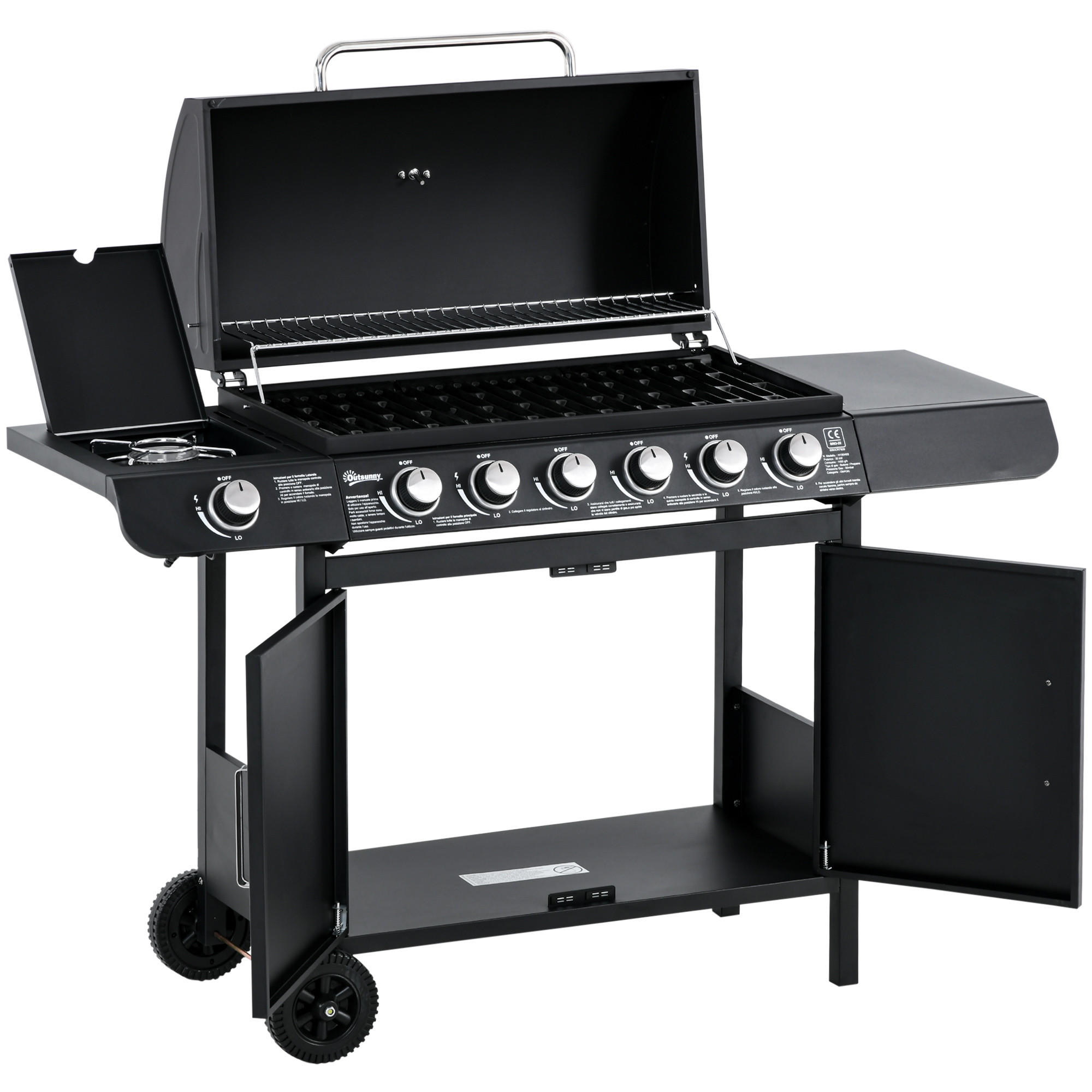 GASGRILL mit 6 Brennern 1 Seitenbrenner Schrank Multifunktion Metall Schwarz 135 x 50 x 100 cm - Schwarz, Metall (50/100/135cm) - Outsunny