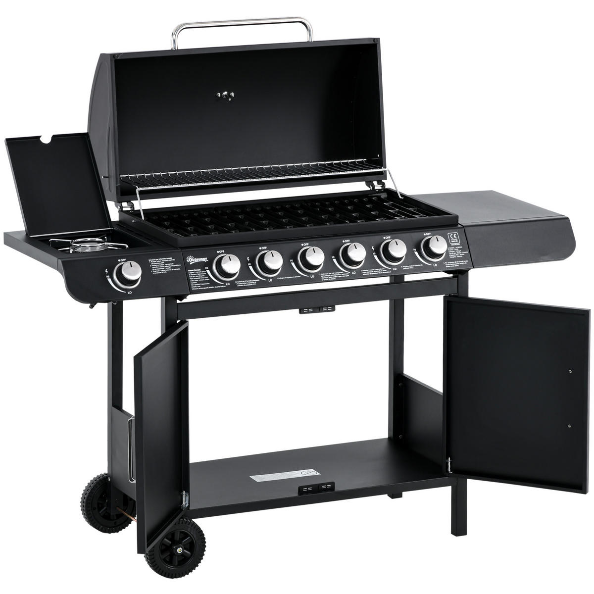 GASGRILL mit 6 Brennern 1 Seitenbrenner Schrank Multifunktion Metall Schwarz 135 x 50 x 100 cm - Schwarz, Metall (50/100/135cm) - Outsunny