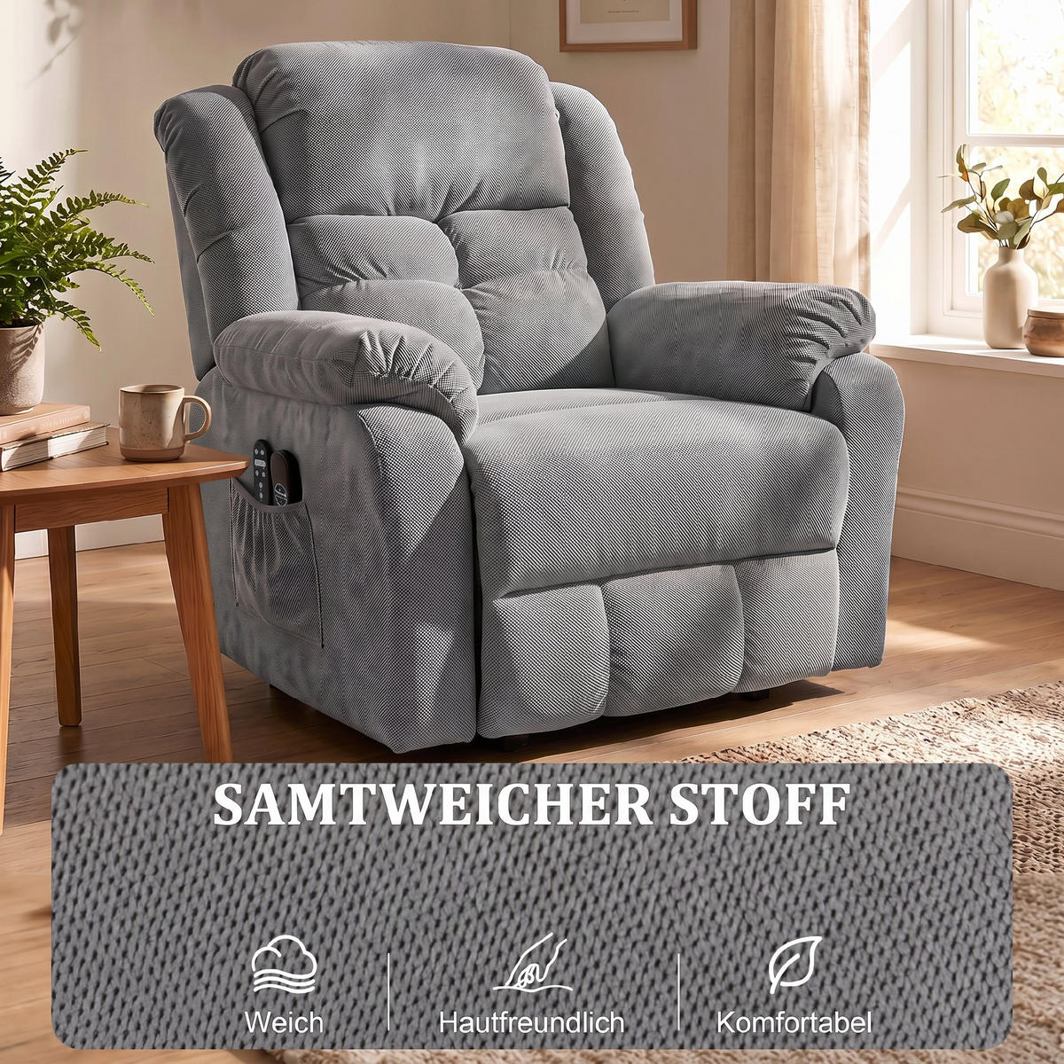 FERNSEHSESSEL mit Aufstehhilfe Polyester, Stahl Hellgrau - Hellgrau/Schwarz, Textil/Metall (92/104/102cm) - HOMCOM