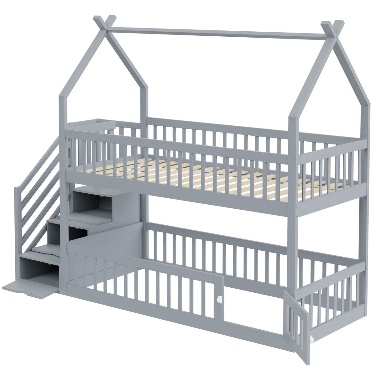 ETAGENBETT 90/200 cm in Grau Kinderbett mit Treppe und Schubladen Massivholz Haus-Design - Grau, Holz (90/200cm) - STILVORA