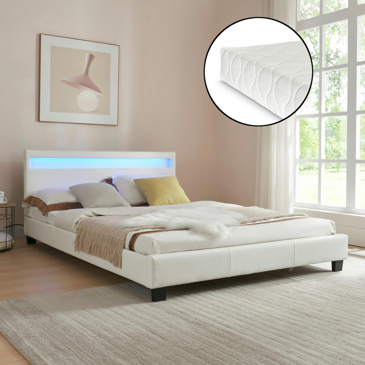 POLSTERBETT Paris mit Matratze und LED-Beleuchtung - Weiß, Textil (140/200cm) - Corium